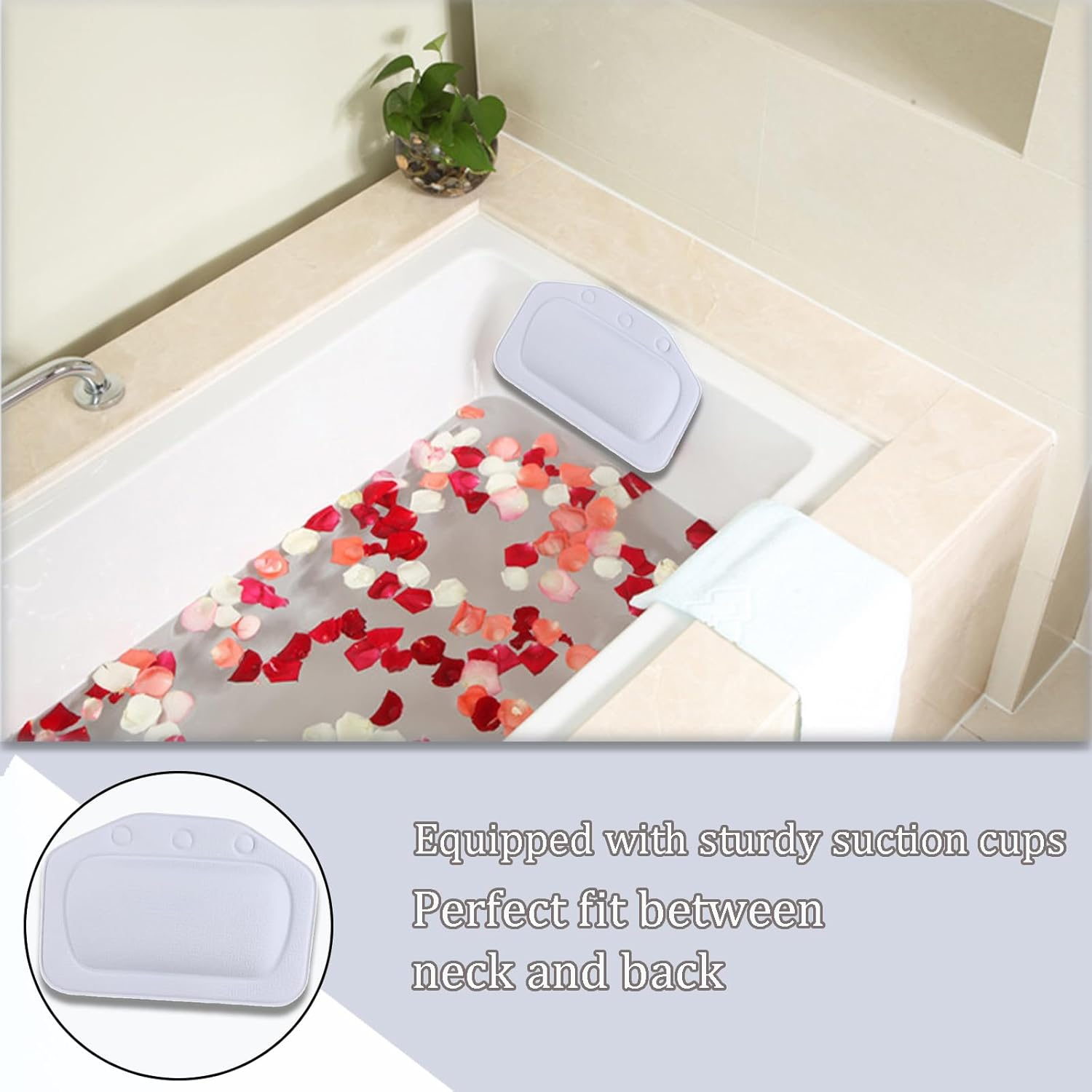 Bath Pillow with 3 Strong Suction Cups, Soft Waterproof Bathroom Pillow for Tub, Relaxing Bathtub Pillow for Neck and Back Support Modern Minimalist Design Durable Bath Accessories image number 5