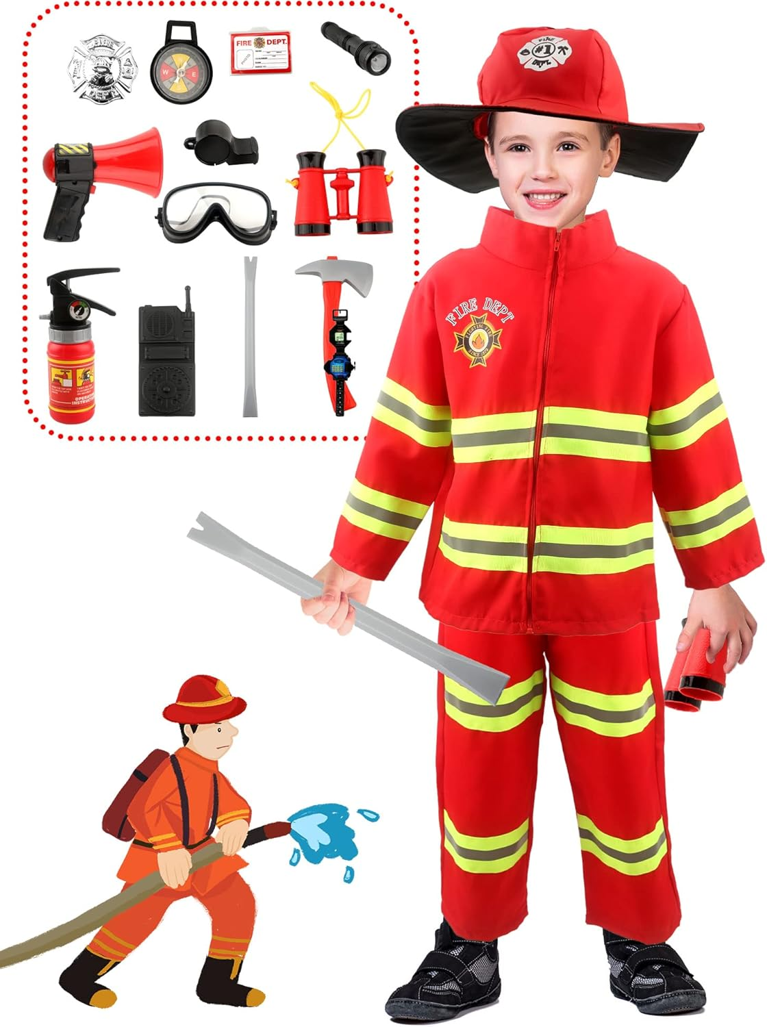 17 Pcs Kids Fireman Costume Set Fire Chief Firefighter Dress up Outfits for Halloween Firefighter Pretend Role Play Toys image number 2