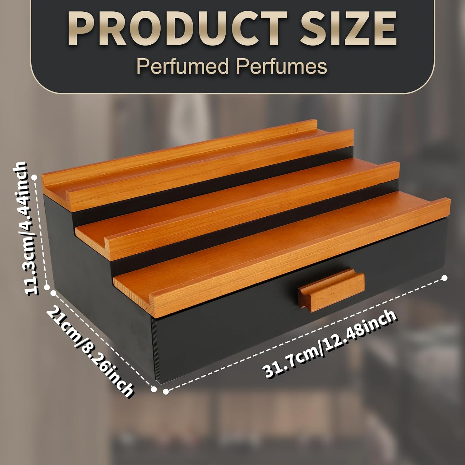 3-Tiers Wood Display Risers Stand, Perfume Storage Display Stand, Versatile Cologne Shelf with Drawer, Elegant Perfume Organizer Steady Cologne Organizer for Home Bedroom (B Set) - B Set image number 4