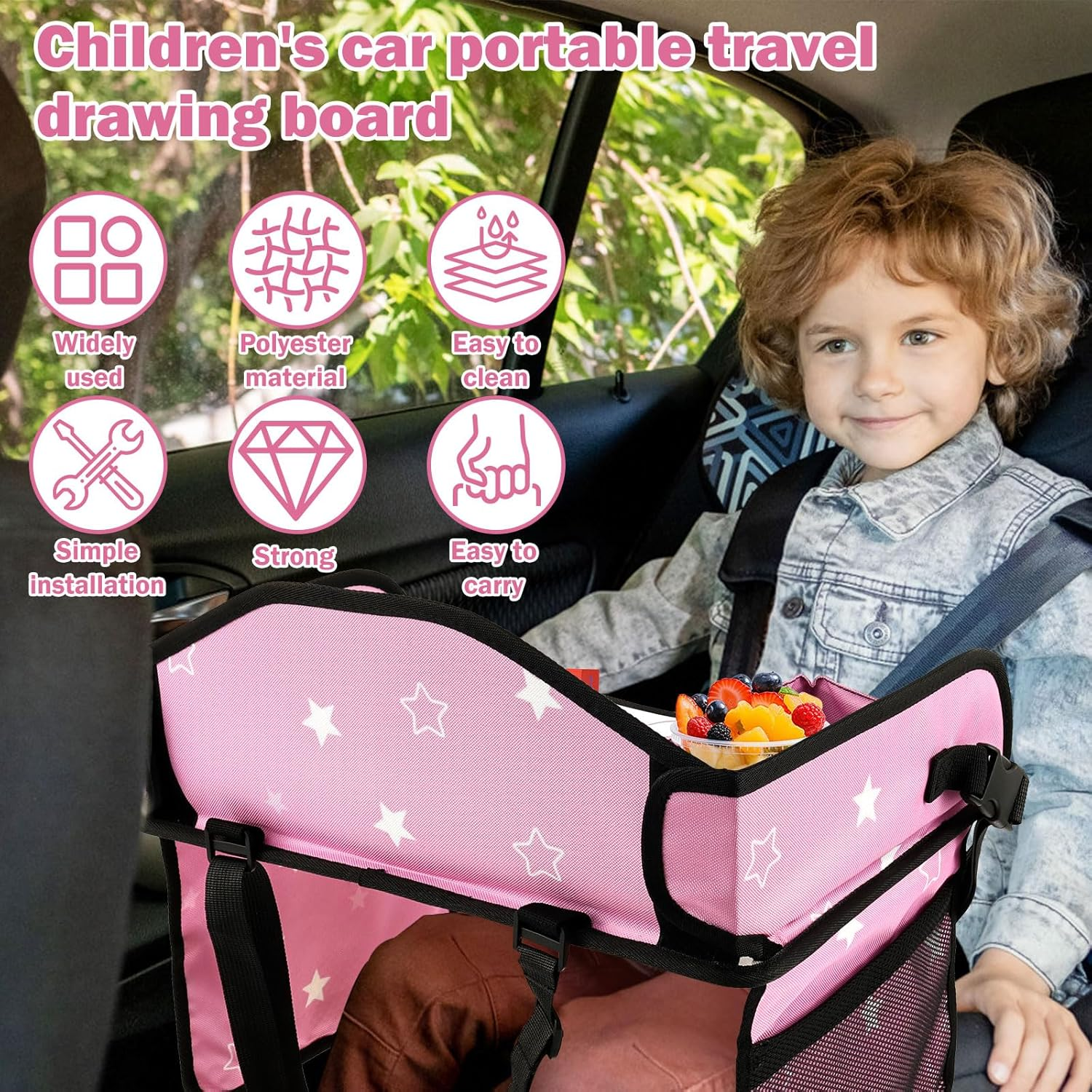 Kids Travel Tray, Portable Waterproof Kids Road Trips Car Seat Tray with Padded Shoulder for Road Trip Activities and Airplane Use​ 43.6X33X25Cm (Pink) - Pink image number 4