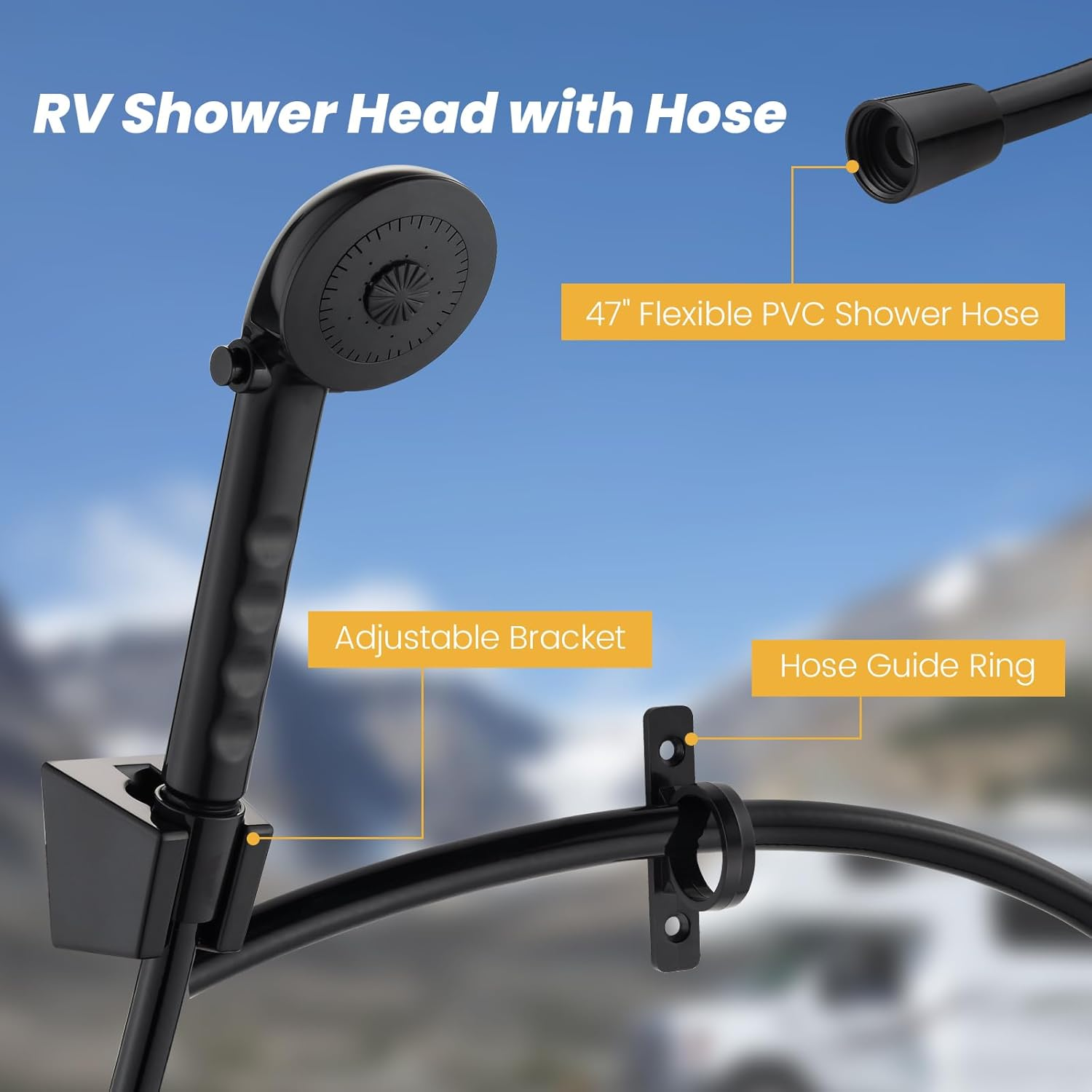 RV Shower Head with Hose, RV outside Shower Parts with Pause Function, Outdoor Shower Replacement for RV, Camper, Van, Travel Trailer, Motorhome and Boat (Black) - White image number 5