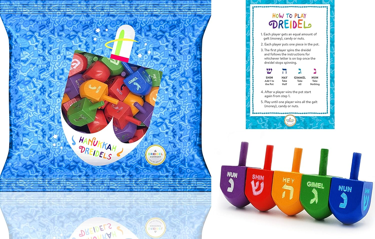 The Dreidel Company Wood Multi-Colored Dreidels Medium Sized Hanukkah Draydels with English Transliteration (10-Pack) image number 5