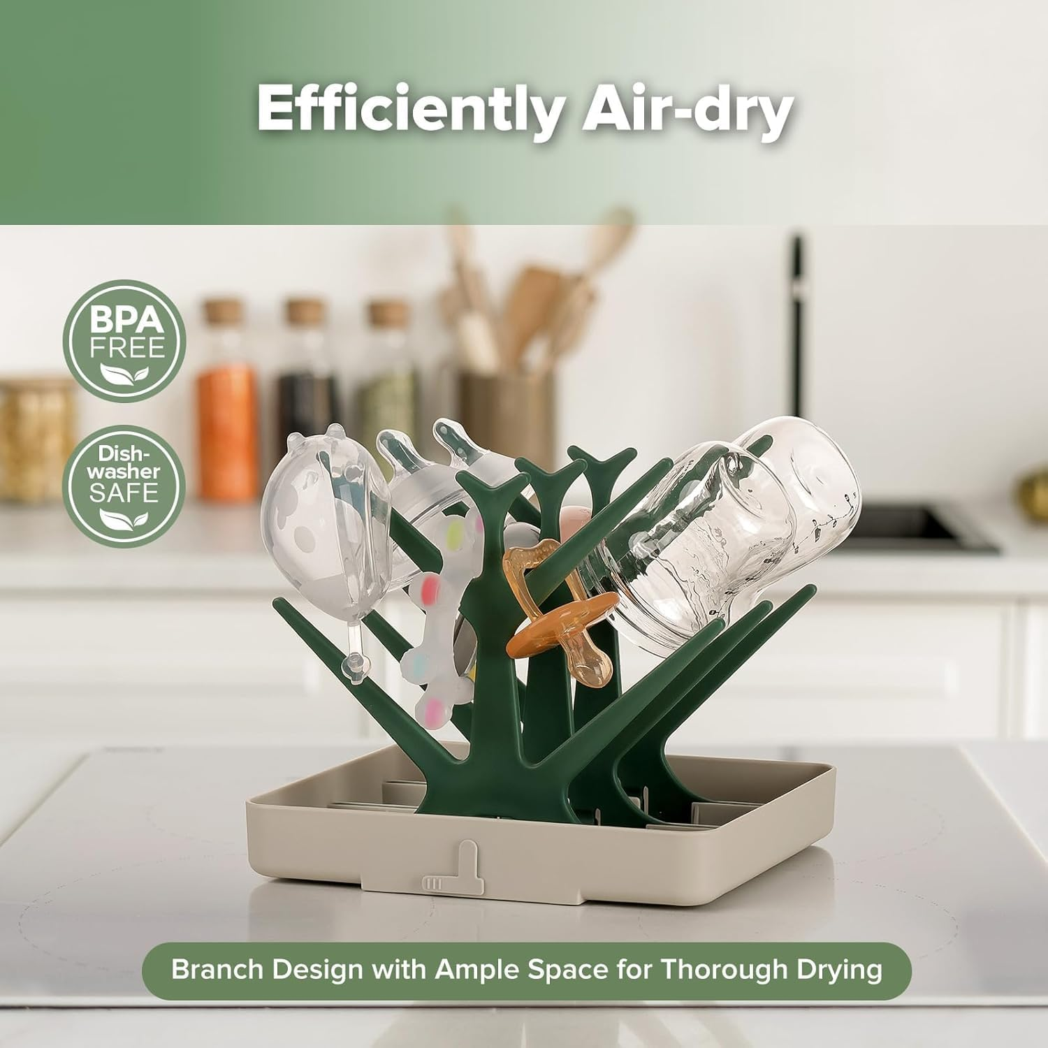 Haakaa Baby Bottle Drying Rack, Space Saving Bottle Drying Tree for Bottles/Pump Parts/Pacifiers and Other Baby Essentials, Easy-Store Dryer Rack Great for Home & Travel, BPA Free (Forest Green) - Forest Green image number 2