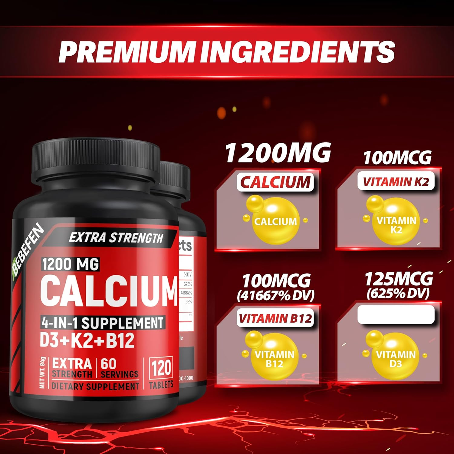 Calcium 1200 Mg with 5000 IU Vitamin D3, 100Mcg Vitamin K2, 1000Mcg Vitamin B12-120 Tablets image number 5