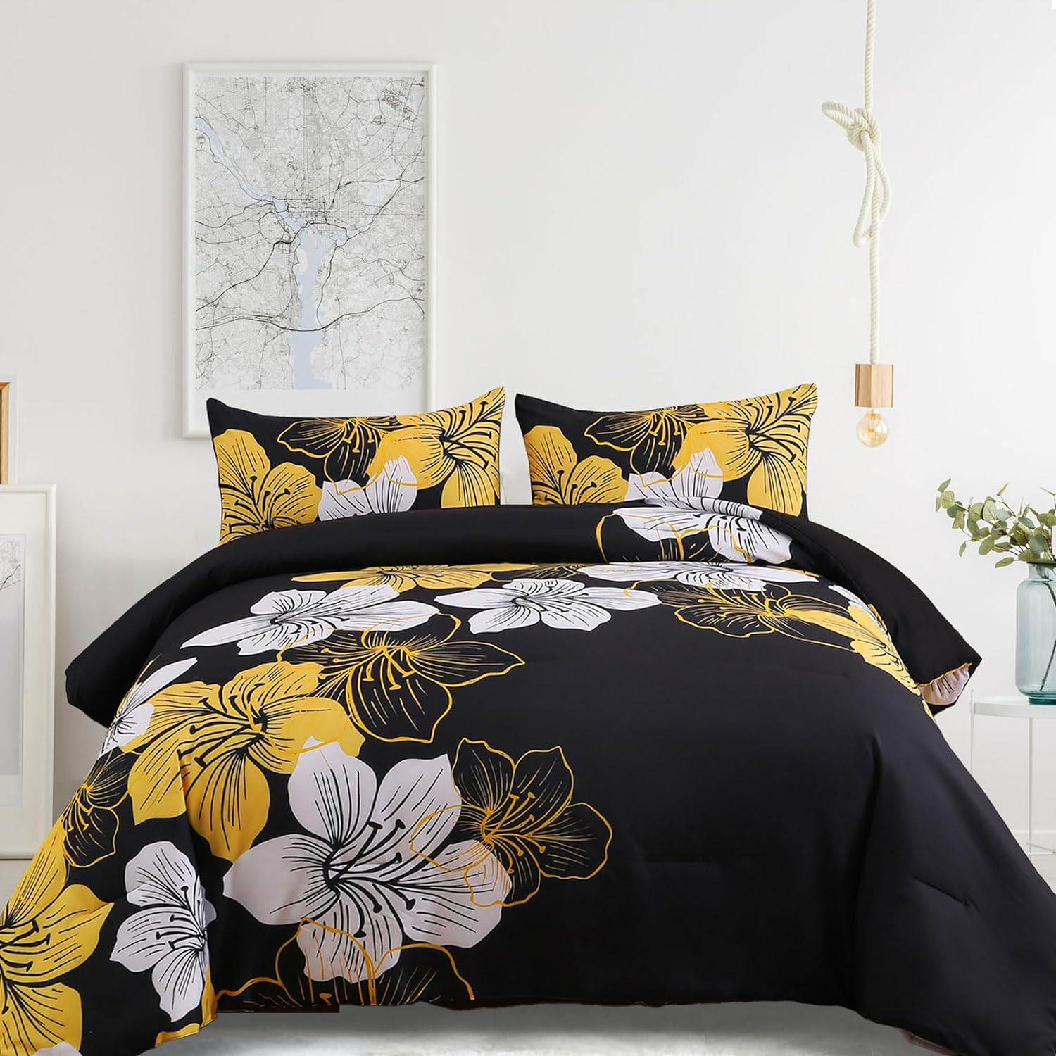 Menghomeus King Size Comforter Set Black/Gold Floral Bedding Comforter Sets Soft Microfiber Bed Comforter Set for All Season 3 Piece Botanical Flowers Comforter, Pillowcases