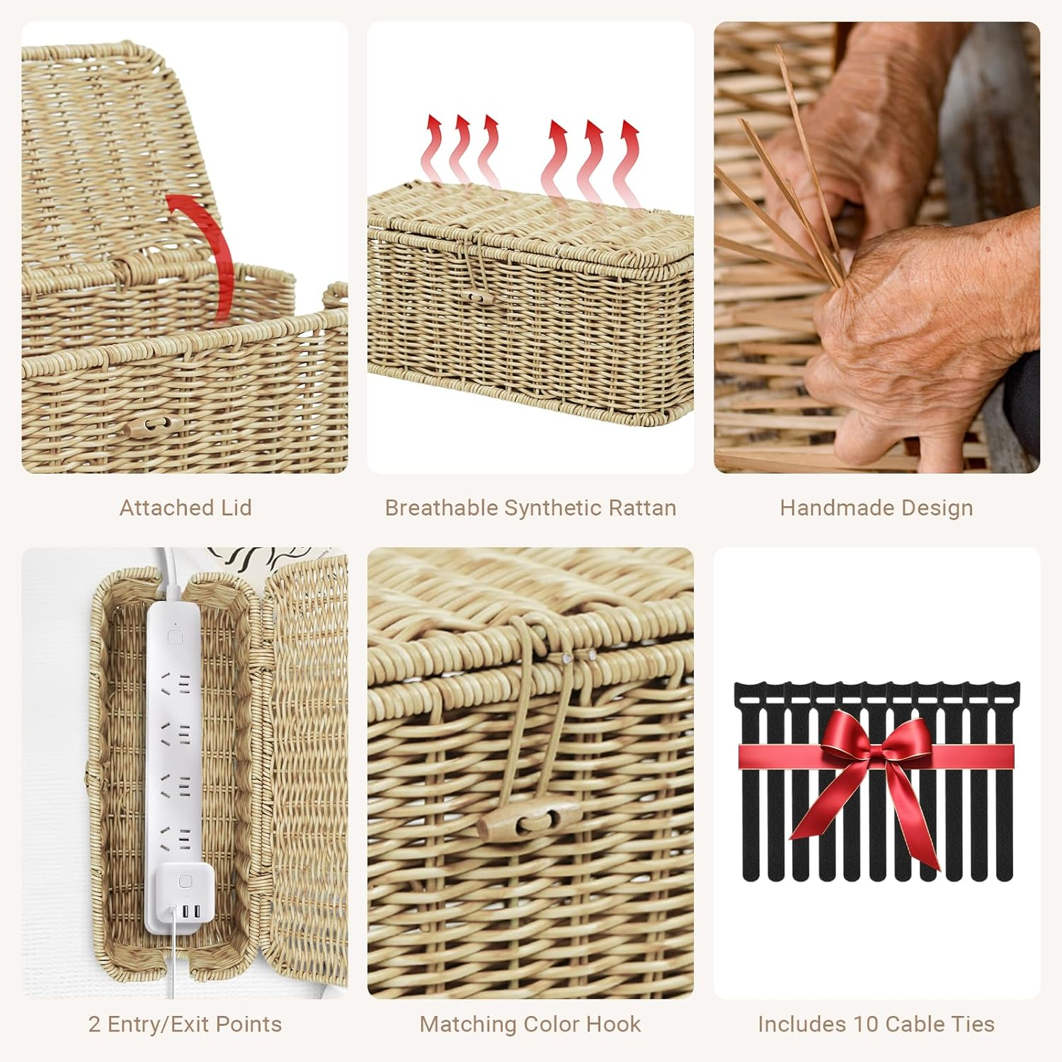 Ixtra 2-Pack Cable Management Box Set, Handwoven Rattan Cord Organizer, Decorative Cord Hider with Lid, Large Cable Organizer for Desk, TV Wires,Power Strips & Cords Natural image number 4