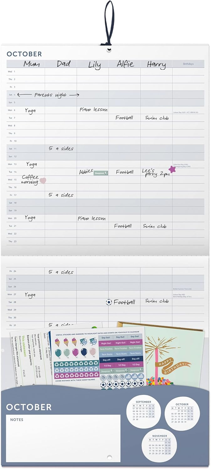 Busy B Large Family Wall Calendar 2025 &ndash; Blue Birds Design with 5 Columns & Storage Pockets - Monthly 2025 Calendar for Busy Families with Colour-Coded Stickers - 30.5 X 30.5Cm image number 4