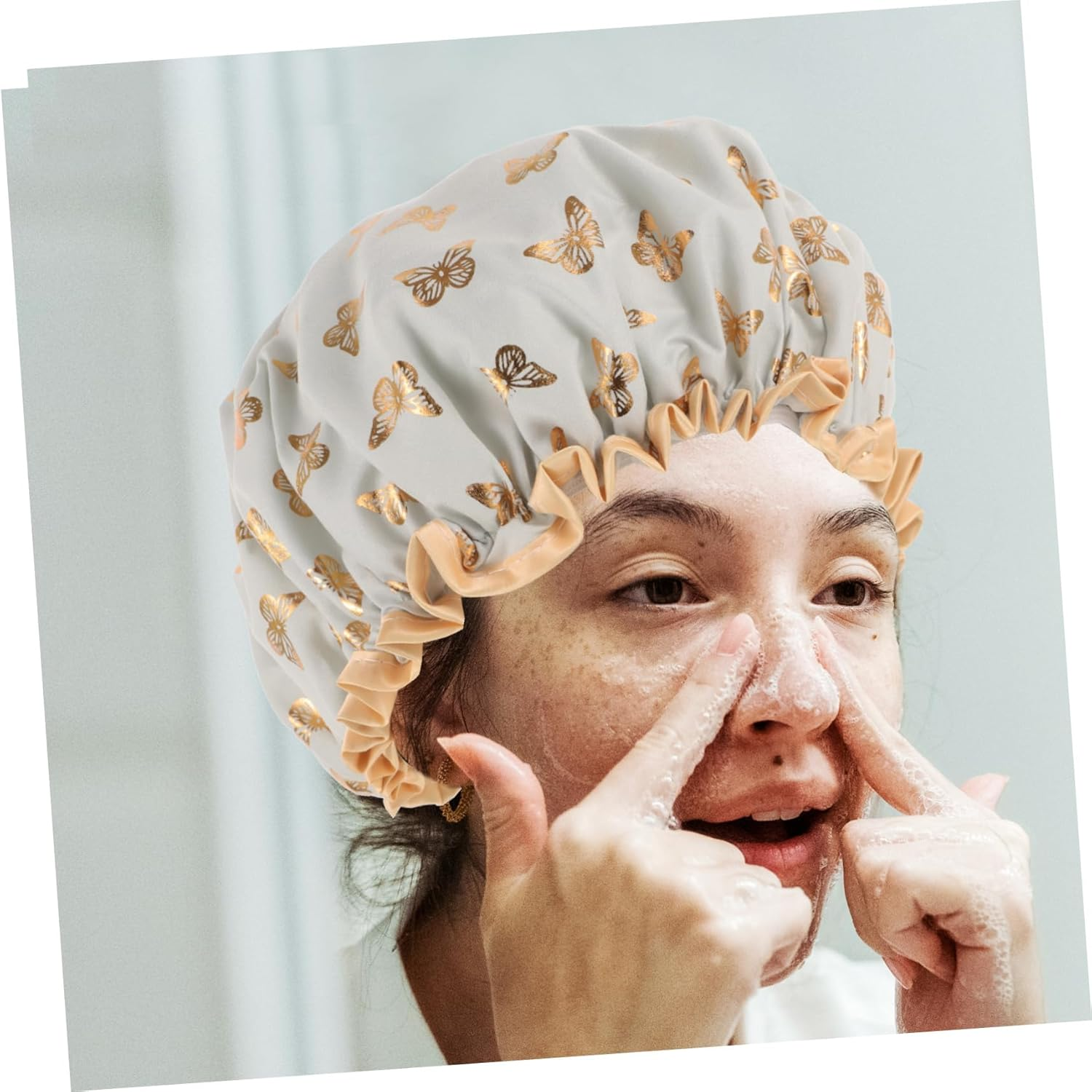 OATIPHO Double Layer Elastic Shower Cap for Women, Waterproof Bath Hair Cover, Extra Large Hair Cap for Bathing and Cooking, Light Green Bath Bonnet for Home Use - Black image number 6