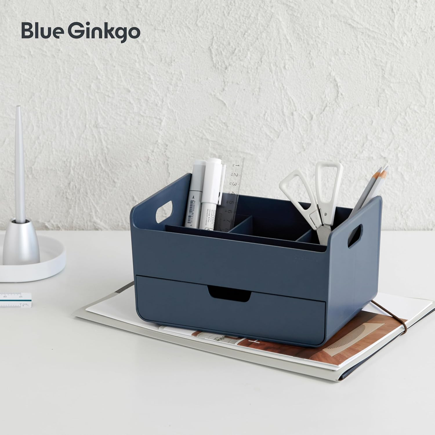 BLUE GINKGO Portable Desk Organizer &ndash; Compact 3 Compartment, Half-Drawer Storage &ndash; Pen Holder, Stationery Desktop Organizer for Office, Makeup, Crafts (Made in Korea, Blue) image number 5