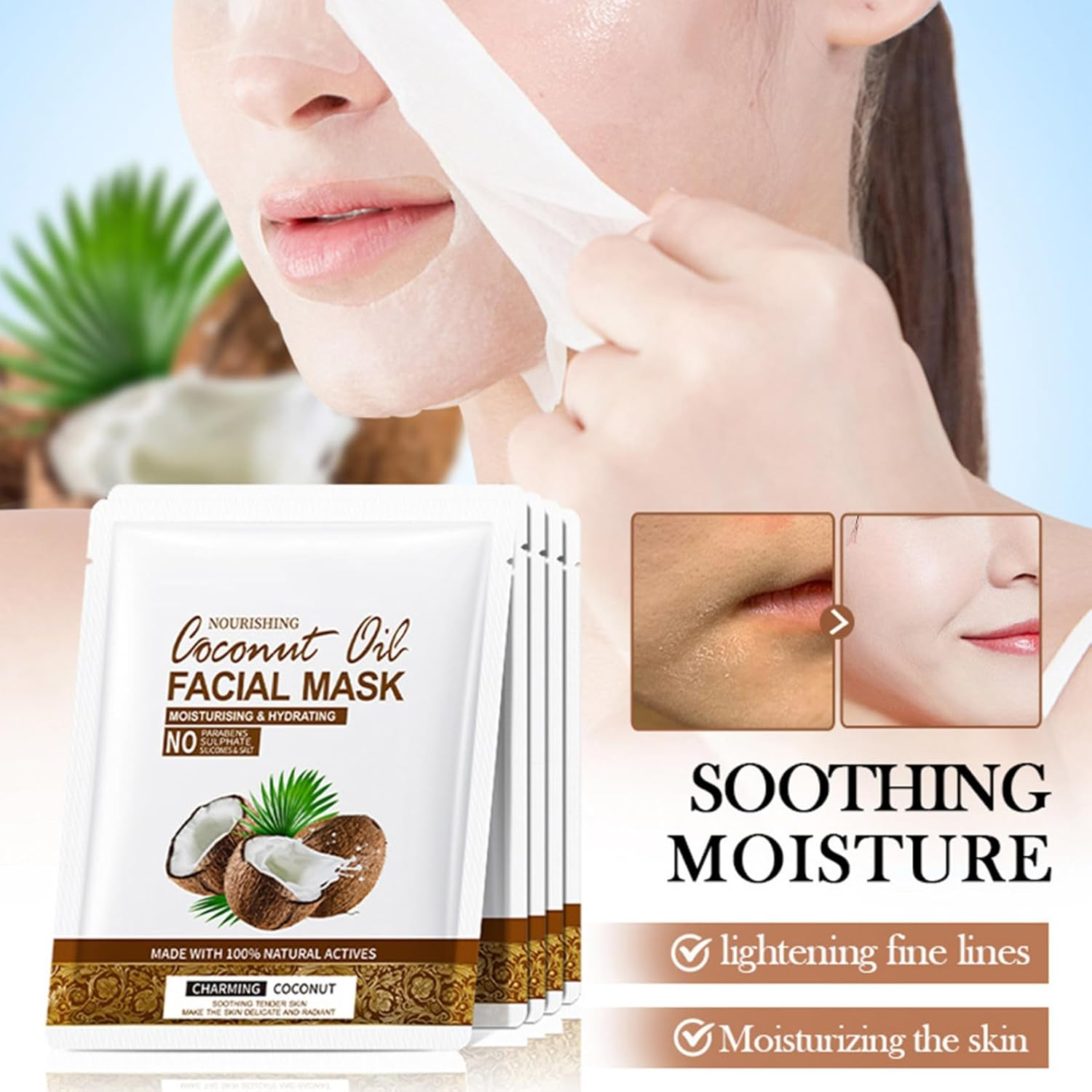 Yruioon Hydrating Coconut Face Mask 5 Pack Infused with Coconut Water Extract for a Daily Moisturizing Skincare Routine White One Size image number 3