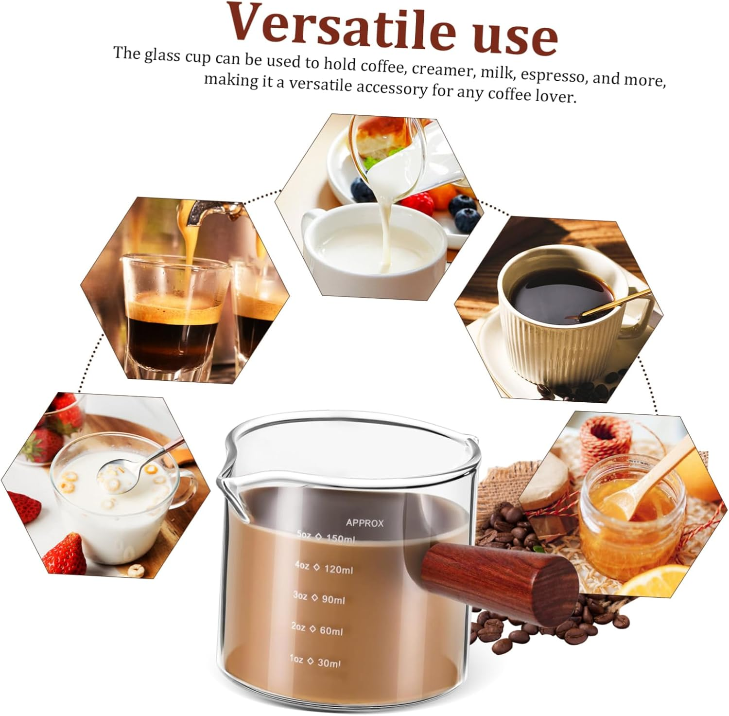 DONFAMDS 2 Pcs Glass Measuring Cups with Wooden Handles Dual Spout Espresso Pitchers for Coffee Creamer Milk Versatile Use for Home Office Coffee Shops image number 2