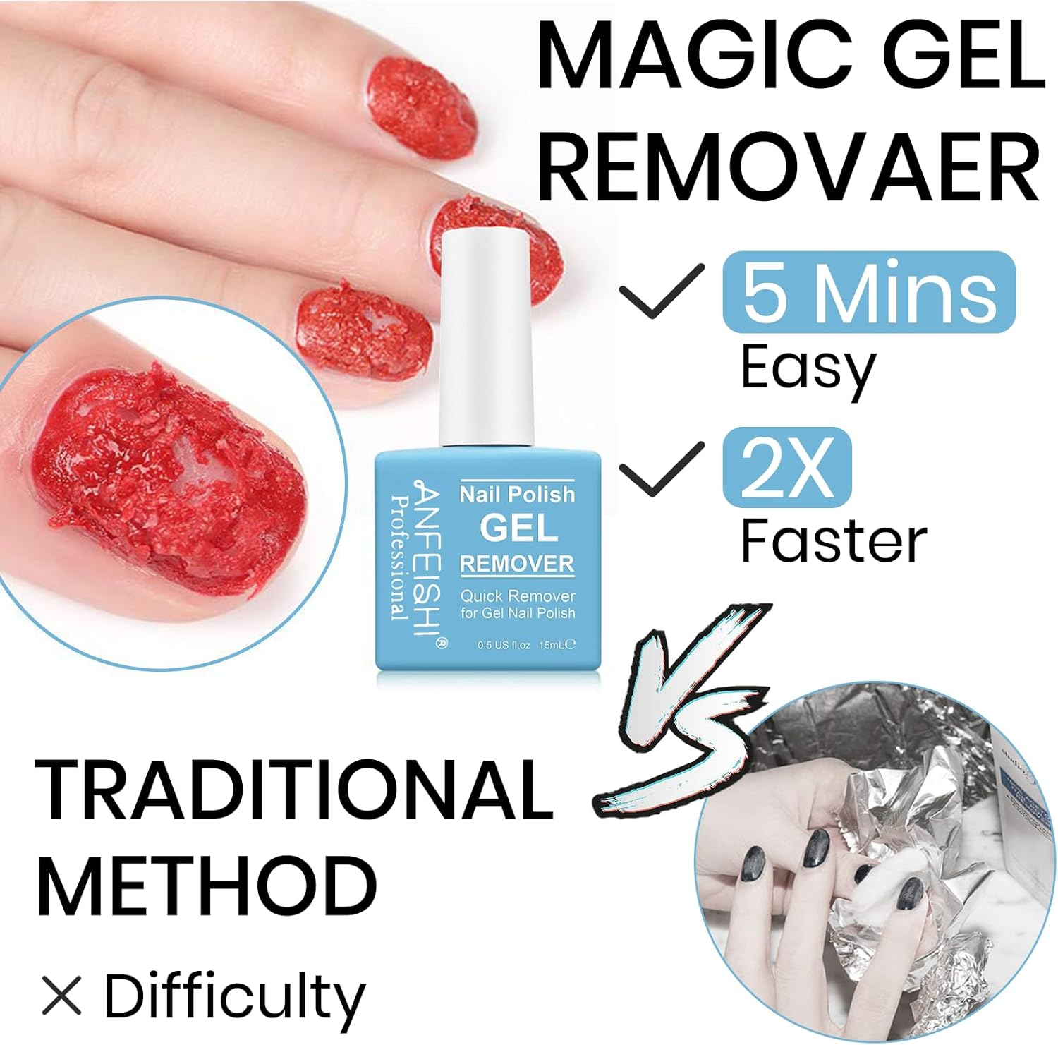 2PCS Professional Gel Nail Polish Remover Kit with Rubbing Strip, Quickly & Easily Remove Nail Polish within 3-5 Minutes, Non-Irritating, Include Sponge Strip and Steel Push image number 3