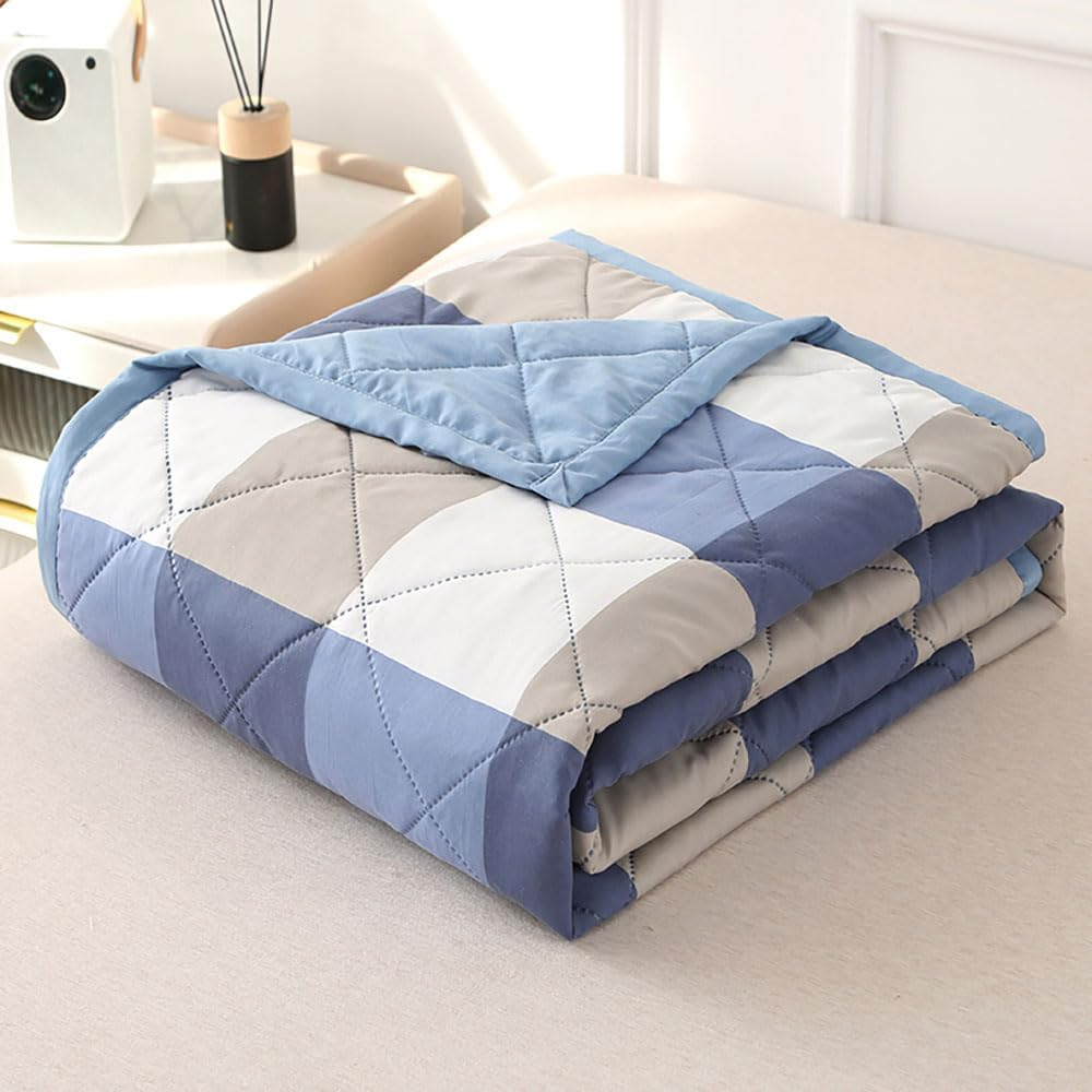 Plaid Quilted Bedspreads - Summer Soft Washed Cotton Lightweight Comforter, Reversible Checked Polyester Filling Cooling Blanket for Single Double Bed Air Conditioning Use (Light Blue,150X200Cm)