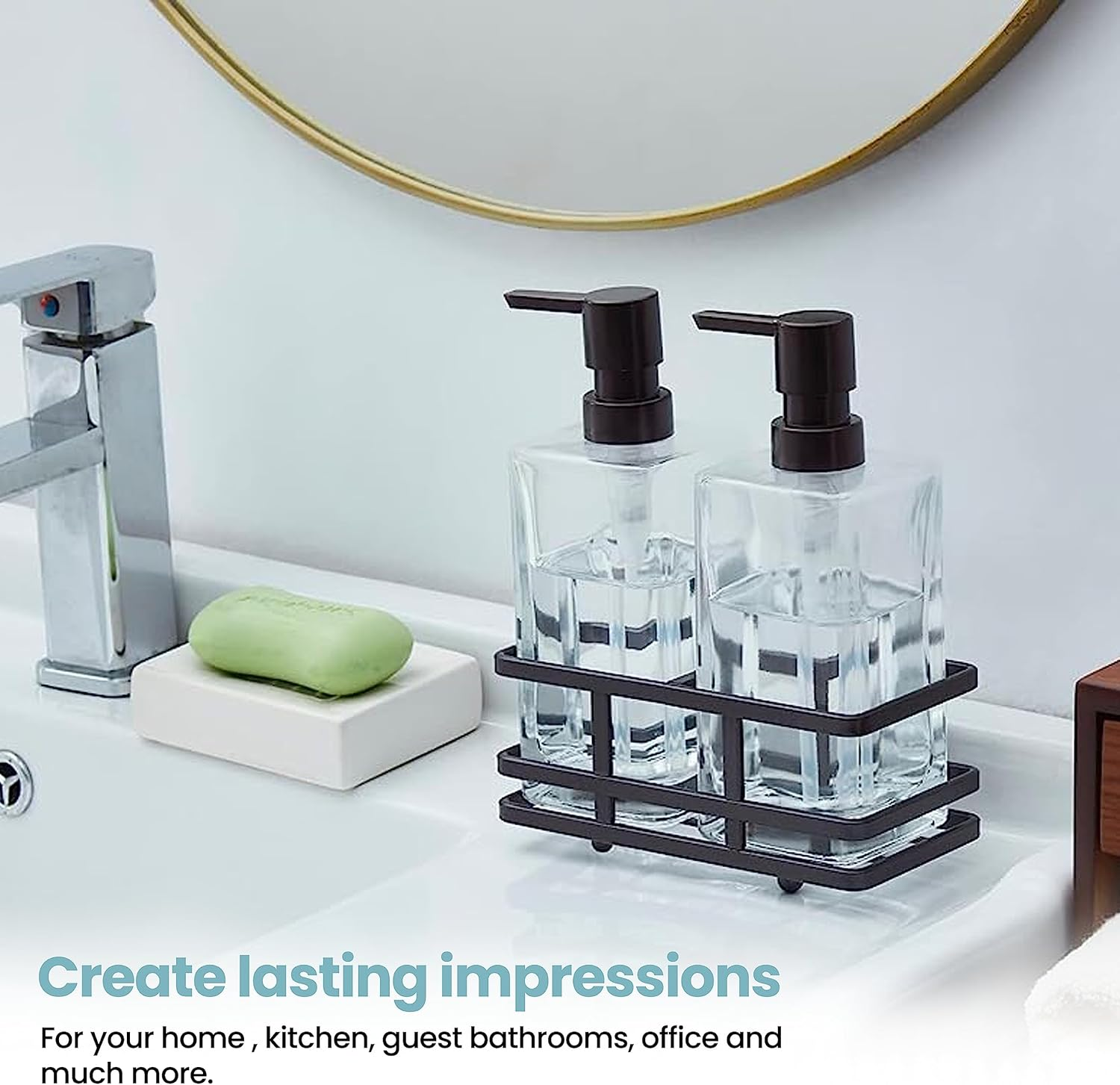 Square Glass Clear Lotion and Soap Pump Dispenser Set with Metal Stand Caddy for Bathroom Bath Kitchen Home Office Travel Hotel Hand Crafted Heavy Weight (Oil Rubbed Bronze) - Spa Blue image number 3