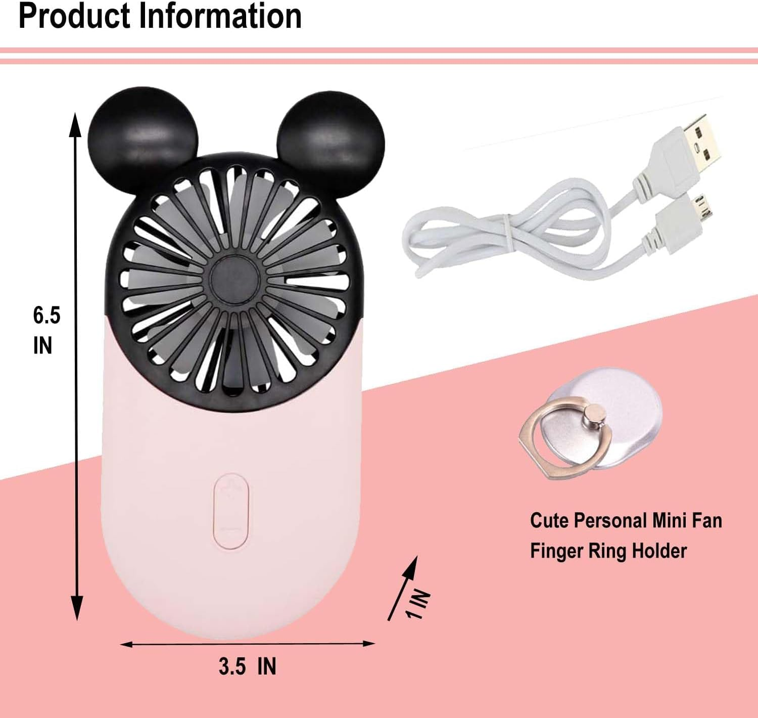 Cute Personal Mini Fan(2 PACK), Mini Handheld USB Rechargeable Portable Fan with Stylish LED Light,3 Speed Adjustable,Cute Mouse,For Kids Girls Woman Home Office Outdoor Travel - Pink+Red image number 4