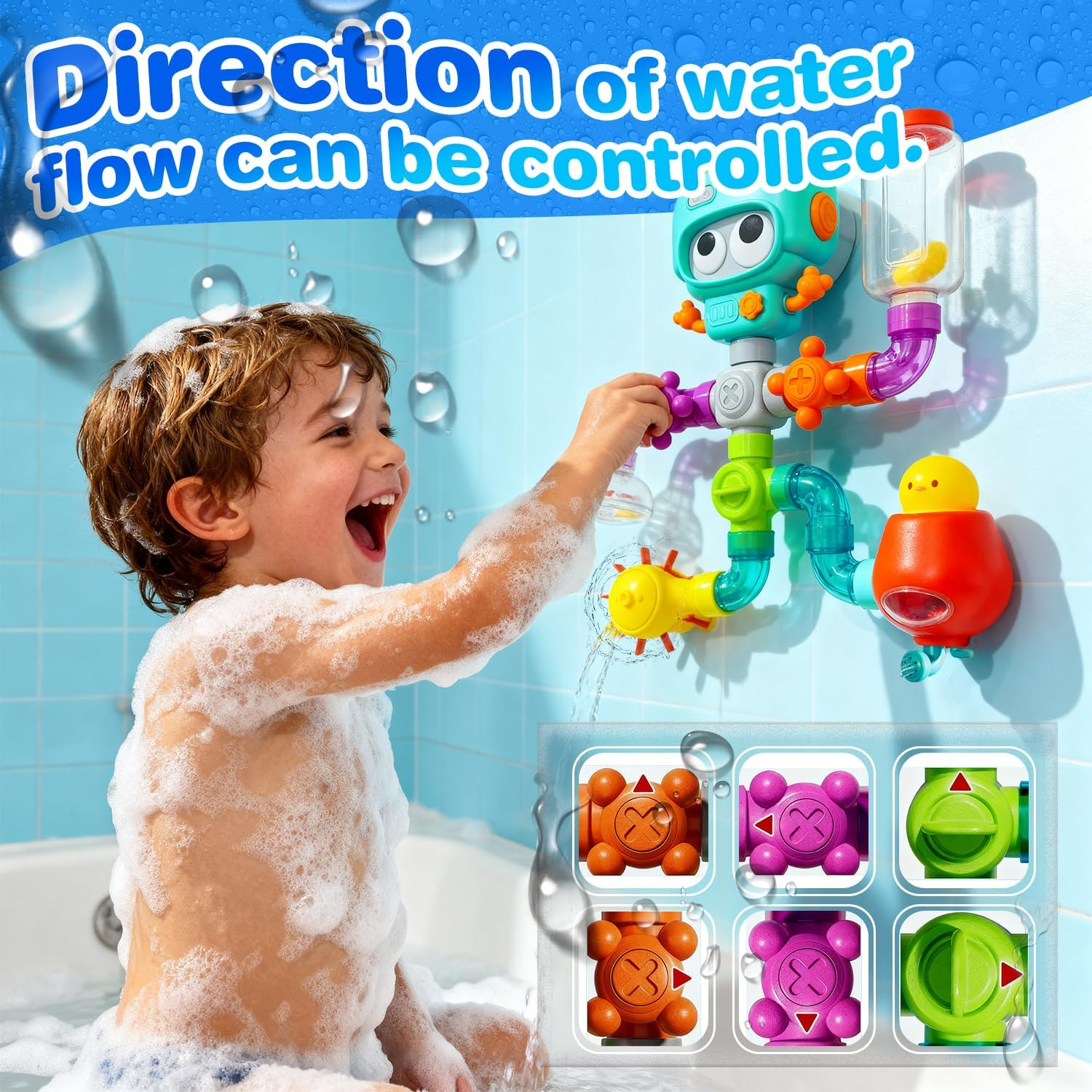 Wukon Baby Bath Toys for Toddlers - Waterworks Pipes Bath Toy for Kids Ages 3-8 with Suction Cups, Baby Bathtub Toy with Interactive Features for Cognitive Development Learn Gift for Boys Girls image number 6