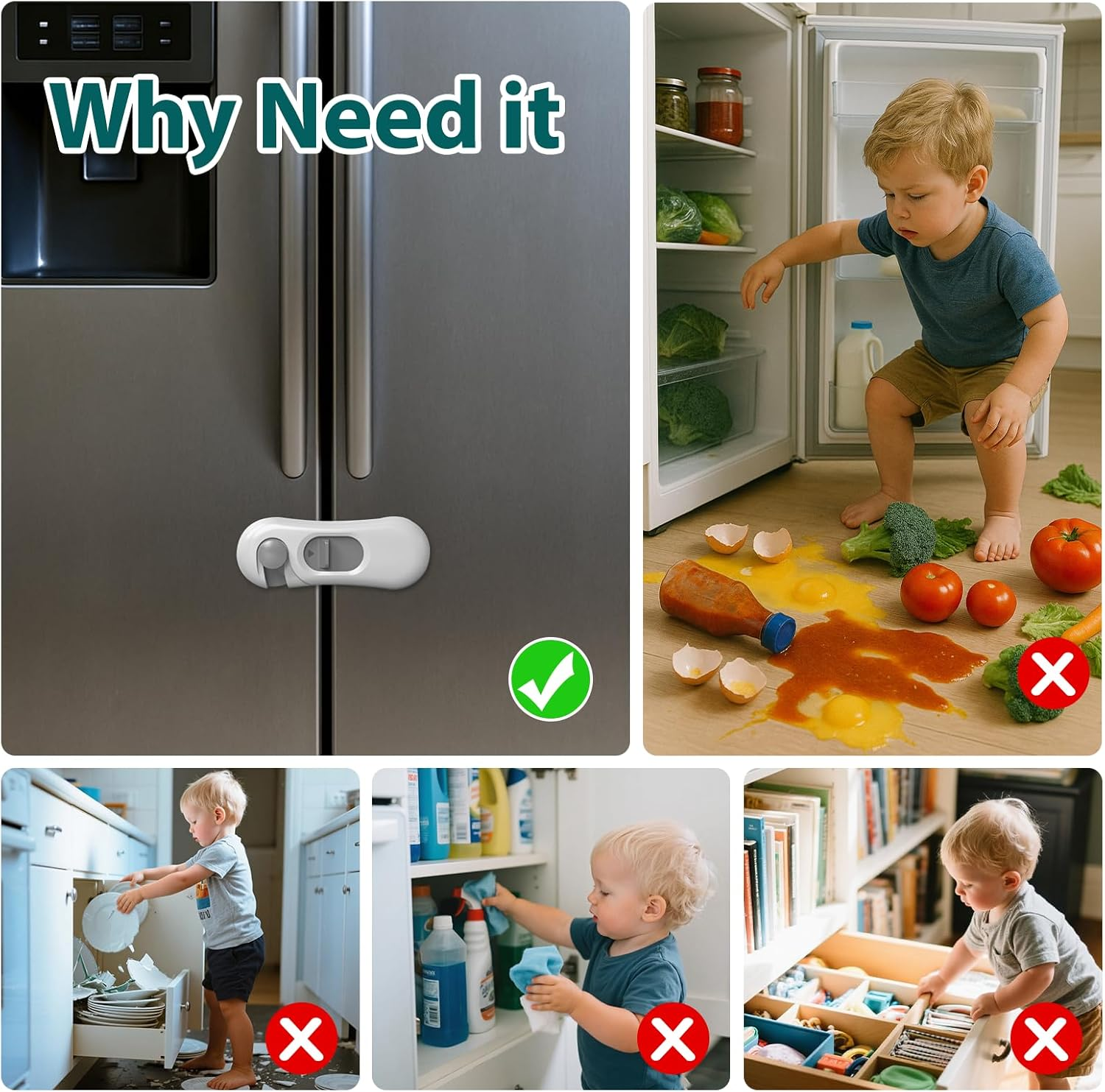 Gautio 5-Pack Child Safety Fridge Locks for Kid & Pet, Baby Proof Refrigerator Lock with 3M Adhesive, Toddler Freezer Lock for Cabinet, Drawer, Oven, RV Refrigerator, Closet, Doors, No Tools Needed & Easy Installation image number 2