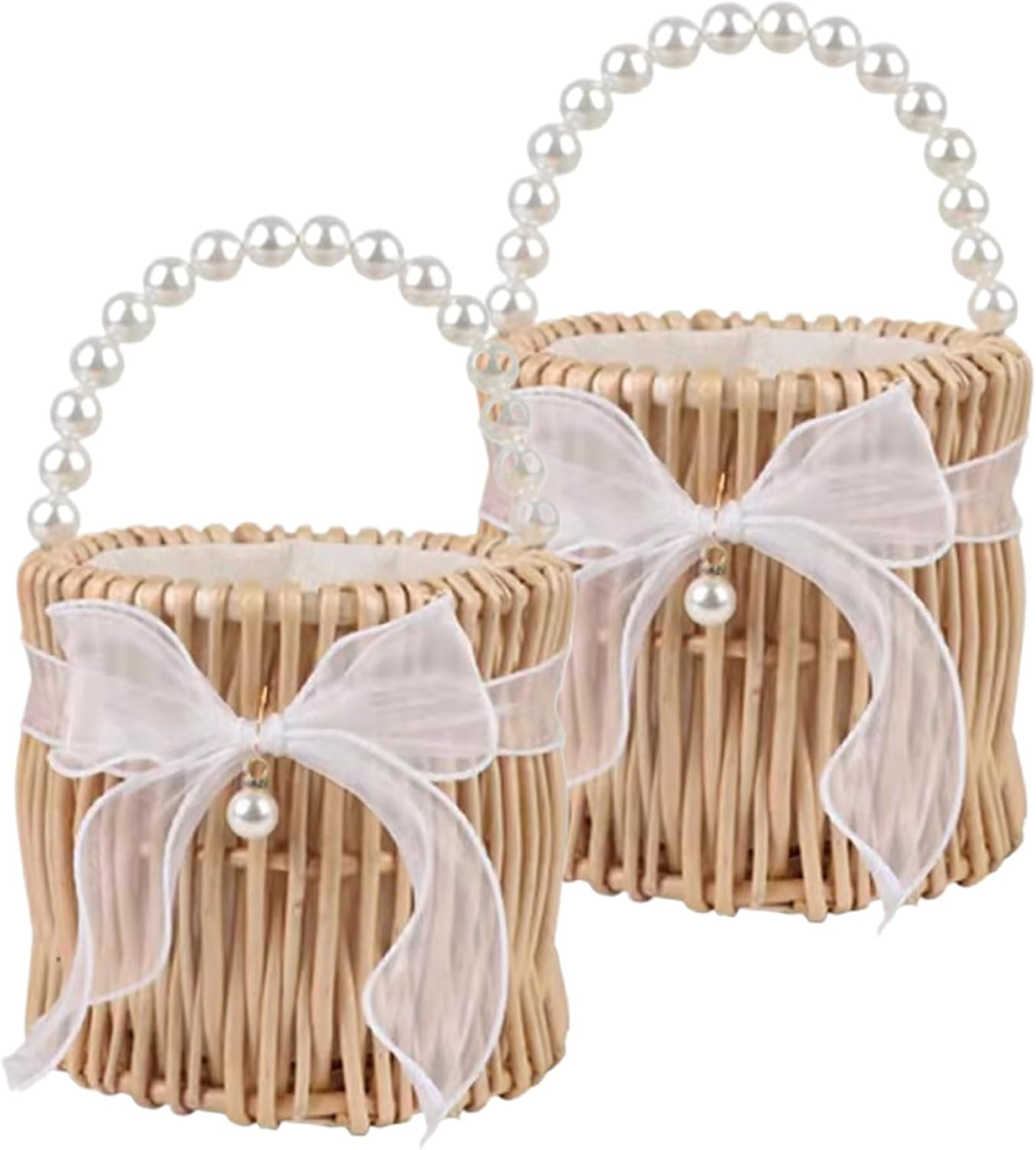 Flower Girl Basket Set of 2 Rattan Flower Basket with Pearl Handle and Bow Decorative Flower Girl Baskets for Weddings Ceremony Style1 Flower Basket Flower Girl Basket Set of 2 Flower Girl Baskets Fo