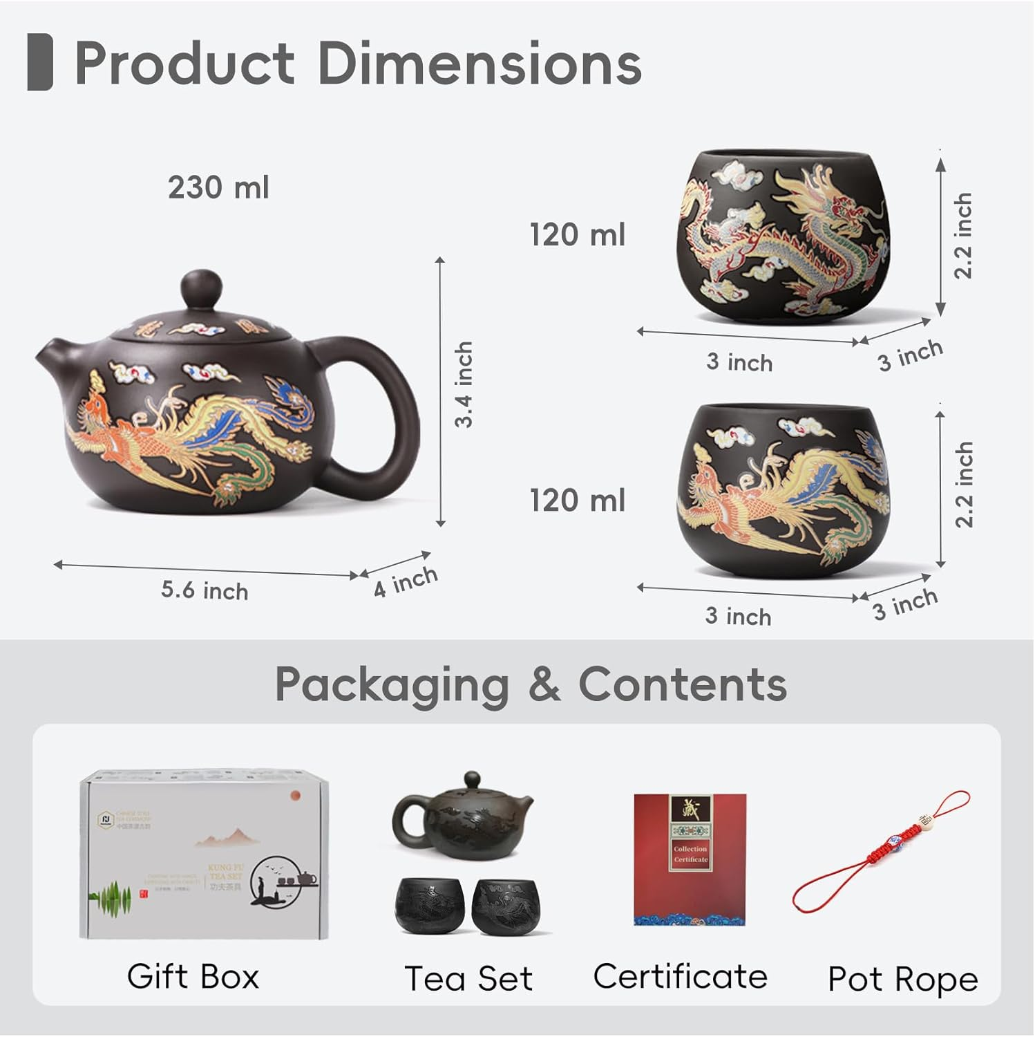 Hormsdar Hand-Made Dragon and Phoenix Color-Changing Purple Clay Teapot Zisha Tea Set Kettle Kung Fu Tea Pot Tea Lover&lsquo;S Gift (With 2* Teacups), Teapot+2Cups image number 3