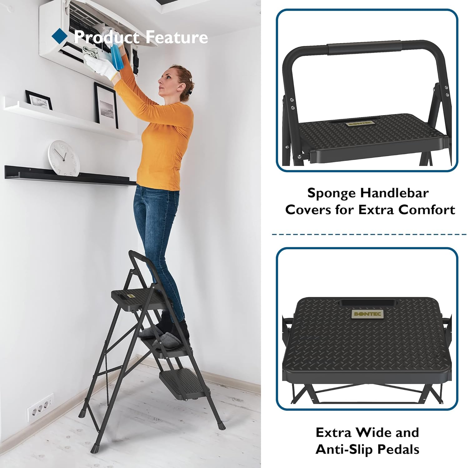 BONTEC 3 Step Ladder, Capacity 272KG with Wide Anti-Slip Pedals, Folding Steel Step Stool, Sponge Handlebar, Lightweight Portable Ladder Suitable for Home, Kitchen, Pantry, Indoor/Outdoor Use, Black