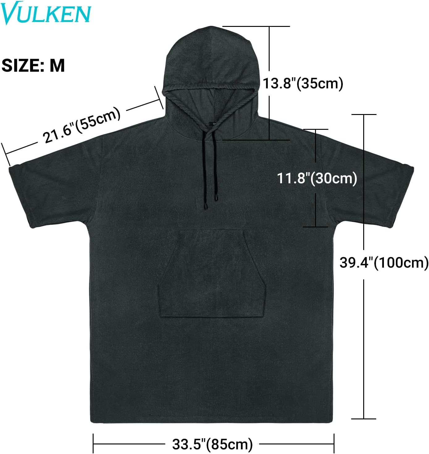 Vulken Thick Hooded Beach Towel Changing Robe, 3/4 Sleeve Surf Poncho for Men and Women, Easy Change, Microfiber Towelling for Beach Swimming, 39" X 33", Black image number 4