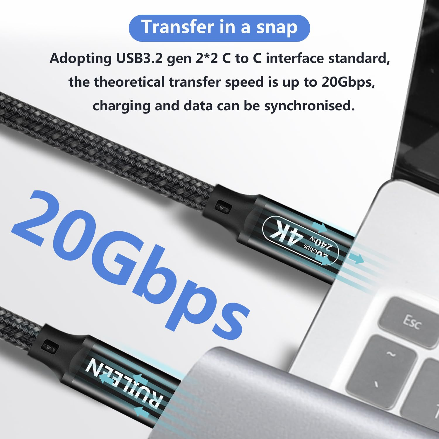 USB C to USB C Data Cable 20Gbps 3 M, High Speed Data Transfer Cable USB C 3.2, 4K 60Hz USB C Monitor Cable, 240W PD Fast Charging,Nylon Braiding Type C Cable Compatible with SSD, Hub, Dock,Laptop