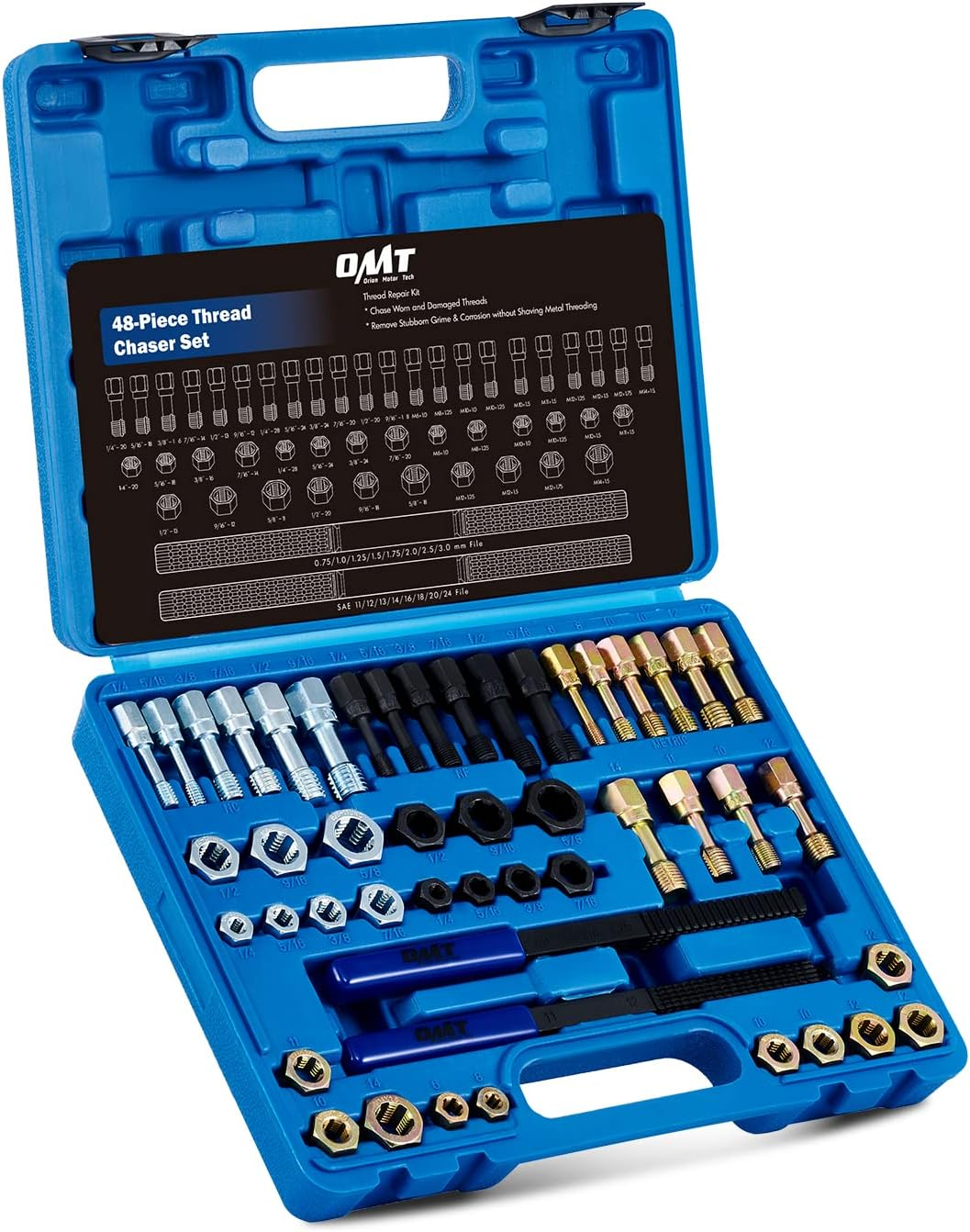 Orion Motor Tech 48 Piece Thread Chaser Set, Metric and SAE Thread Repair Kit with 22 Taps 24 Dies 2 Thread Files, Universal Rethreading Kit Thread Restorer Tool Set in UNC UNF Metric Sizes with Case image number 4