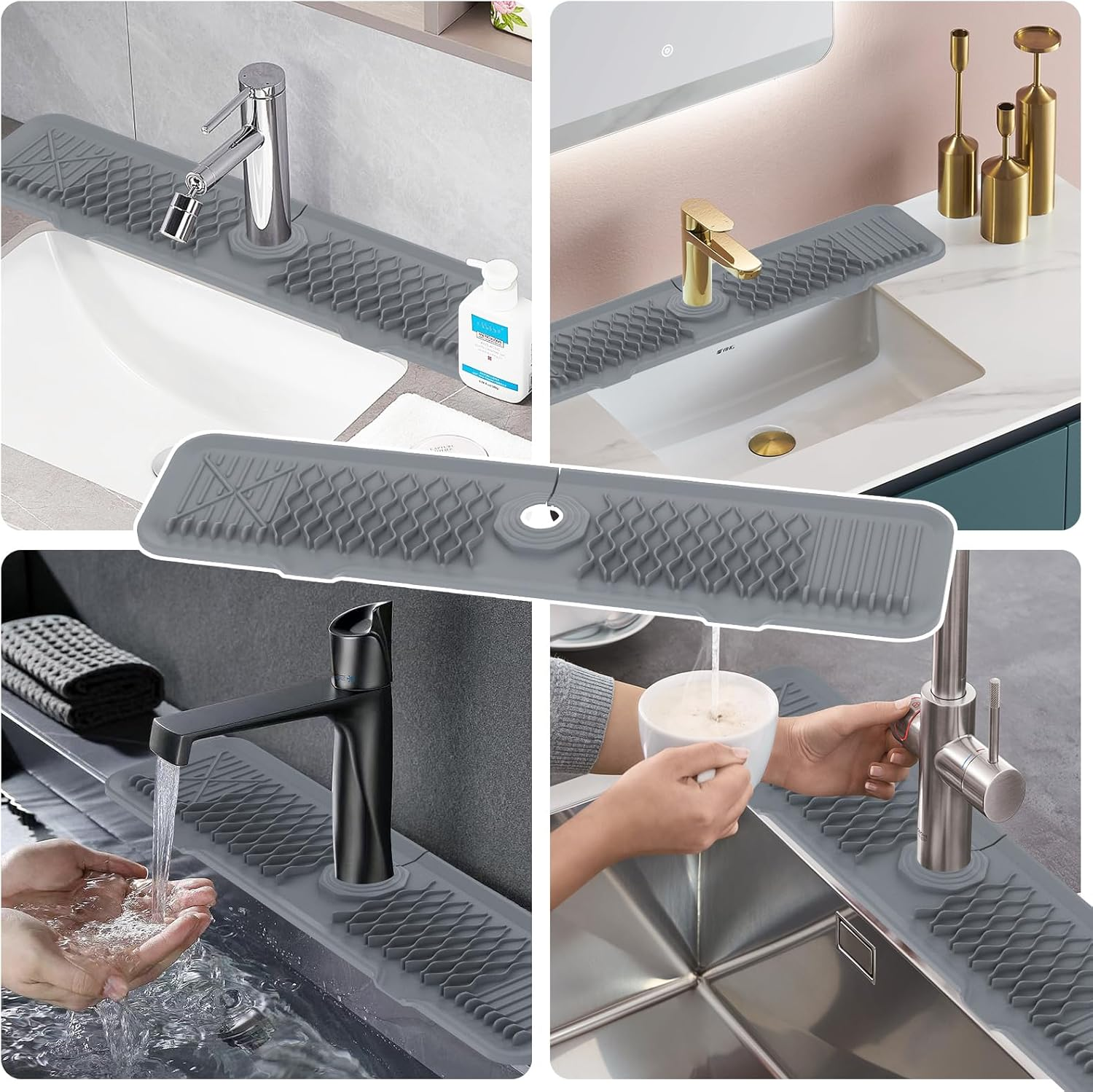 61CM Long Sink Splash Guard Mat, Faucet Handle Drip Catcher Tray, Countertop Dish Drying Mats Kitchen Sink Gray