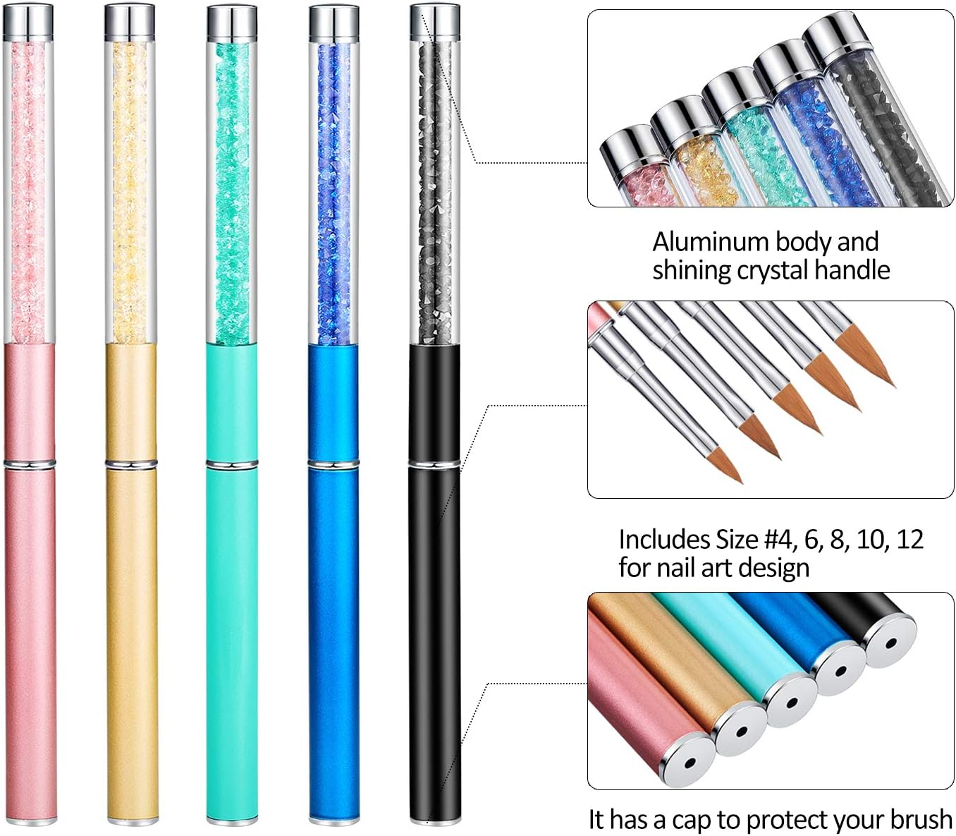 5 Pieces Rhinestone Nail Brush Set Metal Handle 3D Nail Art Brush Salon Using Acrylic Manicure Brush, Size 4, 6, 8, 10, 12 image number 2