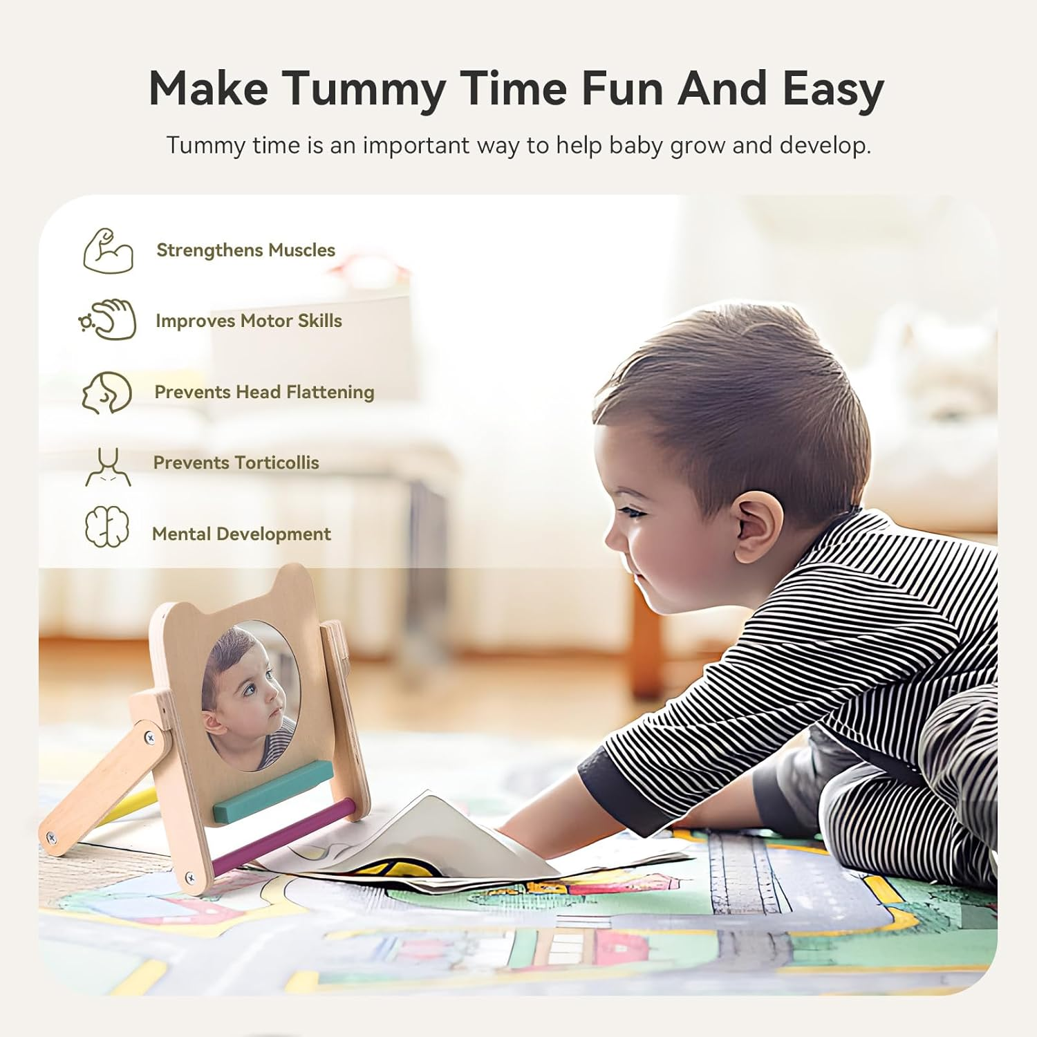 Rotating Baby Safe Mirror with 120 Pages Visual Stimulation Cards - Wooden Tummy Time Mirror Toys - Black White Red and Color High Contrast Baby Flashcards for Brain and Cognitive Development image number 2