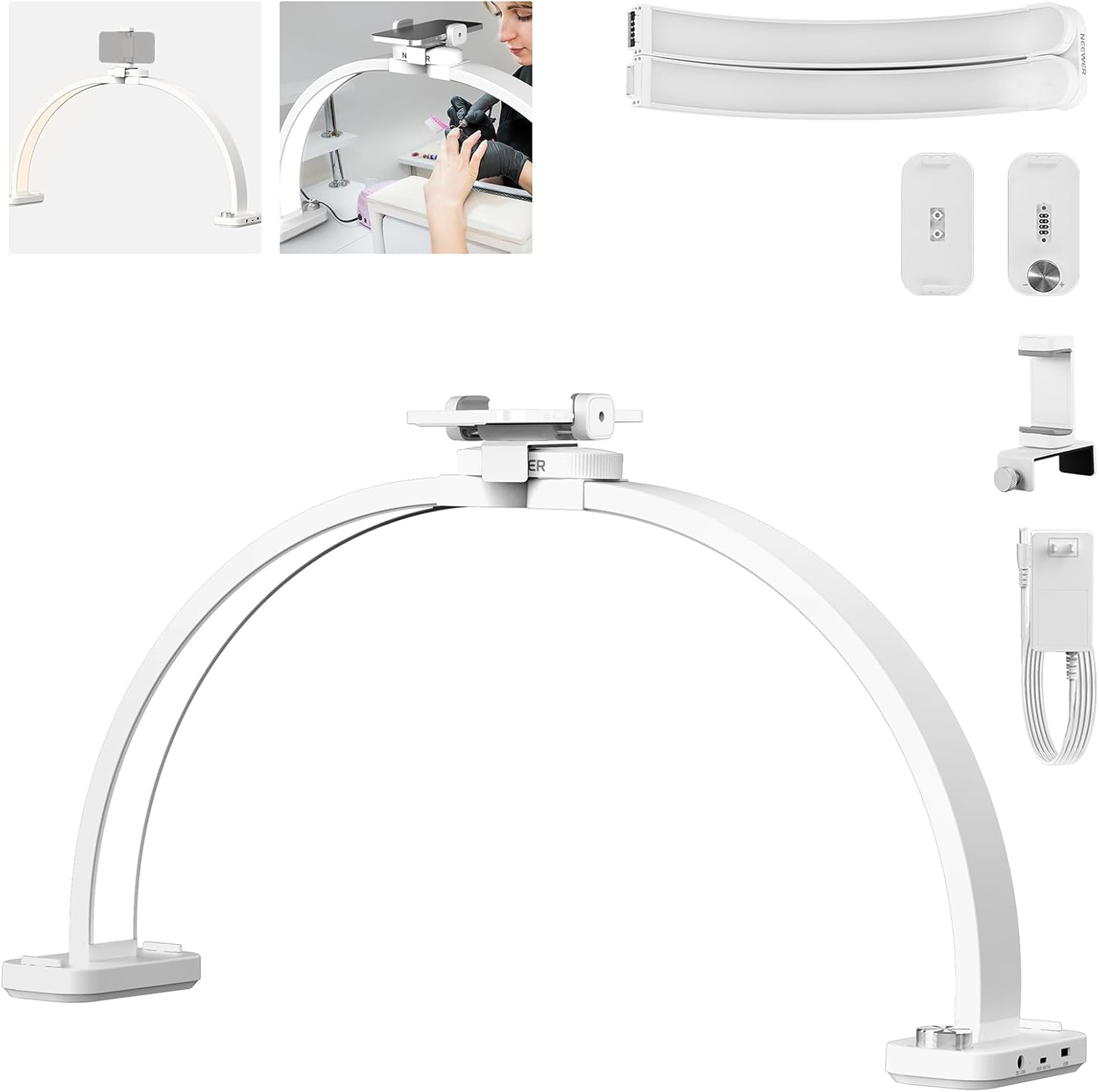 NEEWER BASICS HM01-D 29" Arc Lamp,40W Foldable LED Half Moon Table Nail Tech Light for Desk 3000K-6500K 3400Lux/0.5M CRI95 USB Charging Phone Holder for Manicure Makeup Beauty Tattoo Overhead Shooting image number 3