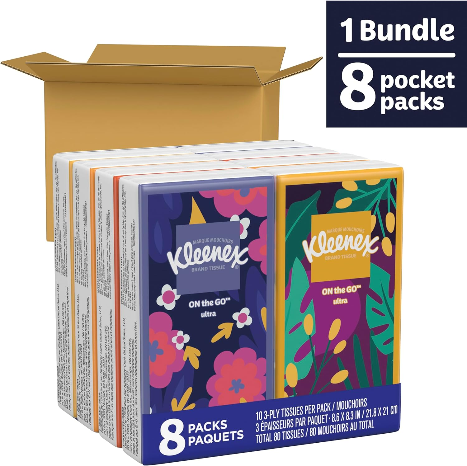 Kleenex Trusted Care Facial Tissues, 8 On-The-Go Travel Packs, 10 Tissues per Pack (80 Tissues Total) image number 2