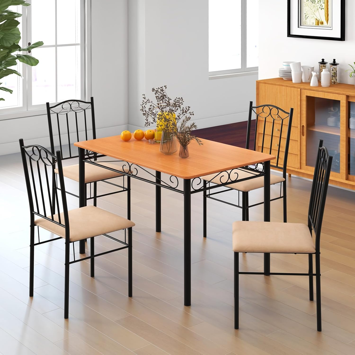 Giantex 5-Piece Dining Set, Modern Rectangular Dining Table & Upholstered Chair, Space-Saving Dinette Set for Dinner, Restaurant, Kitchen Dining Room Furniture for 4, Orange image number 1