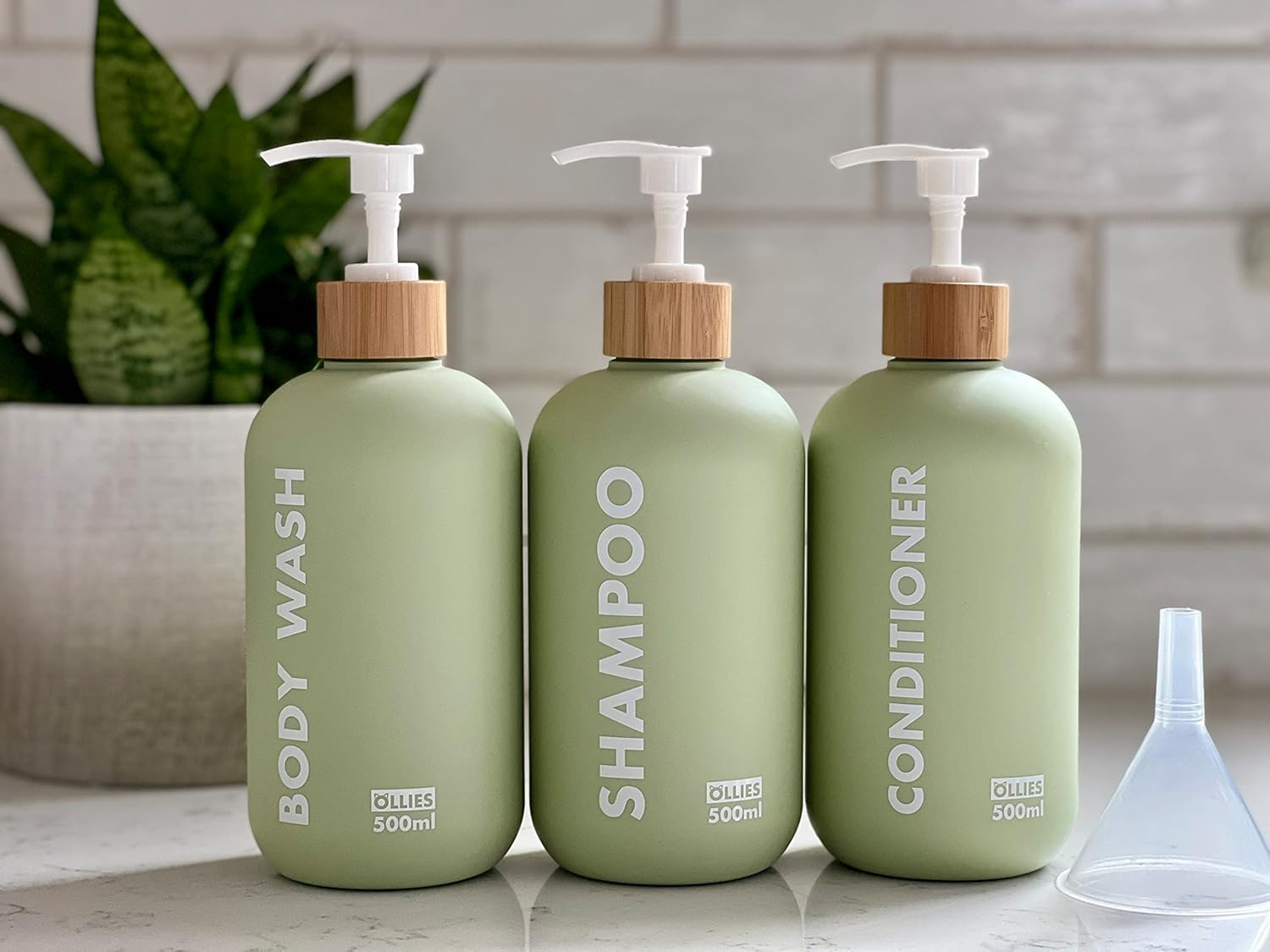 OLLIES Shampoo and Conditioner Dispenser, Shower Soap Dispenser for Bathroom-Set of 3 with Permanent Stylish Label-17Oz, 500Ml Refillable Shampoo and Conditioner Bottles Green image number 5
