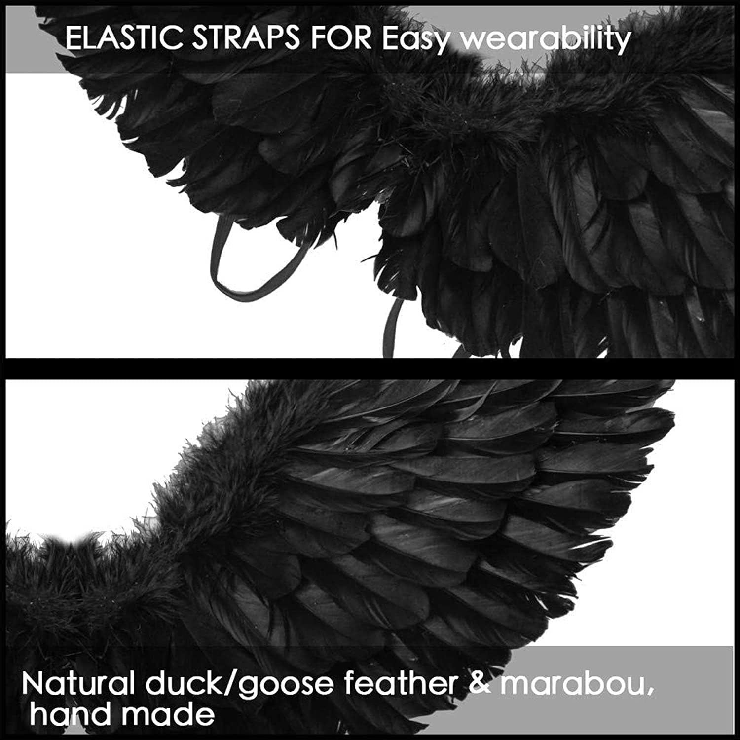 Angel Wings Black, 60 Cm Costume with Halo and Wand, Women'S and Girls' Black Feather Wings, Angel Decoration image number 4