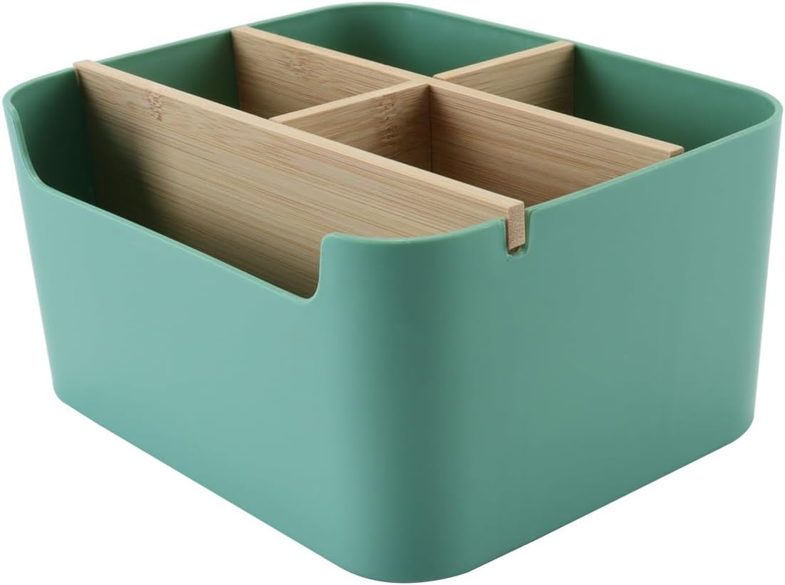 ACOLY Desk Organiser,5 Compartments Detachable Bamboo and Wood Partition Compartment Storage Box with Pen Holder, Storage Box, Desk Organiser(Green) image number 2