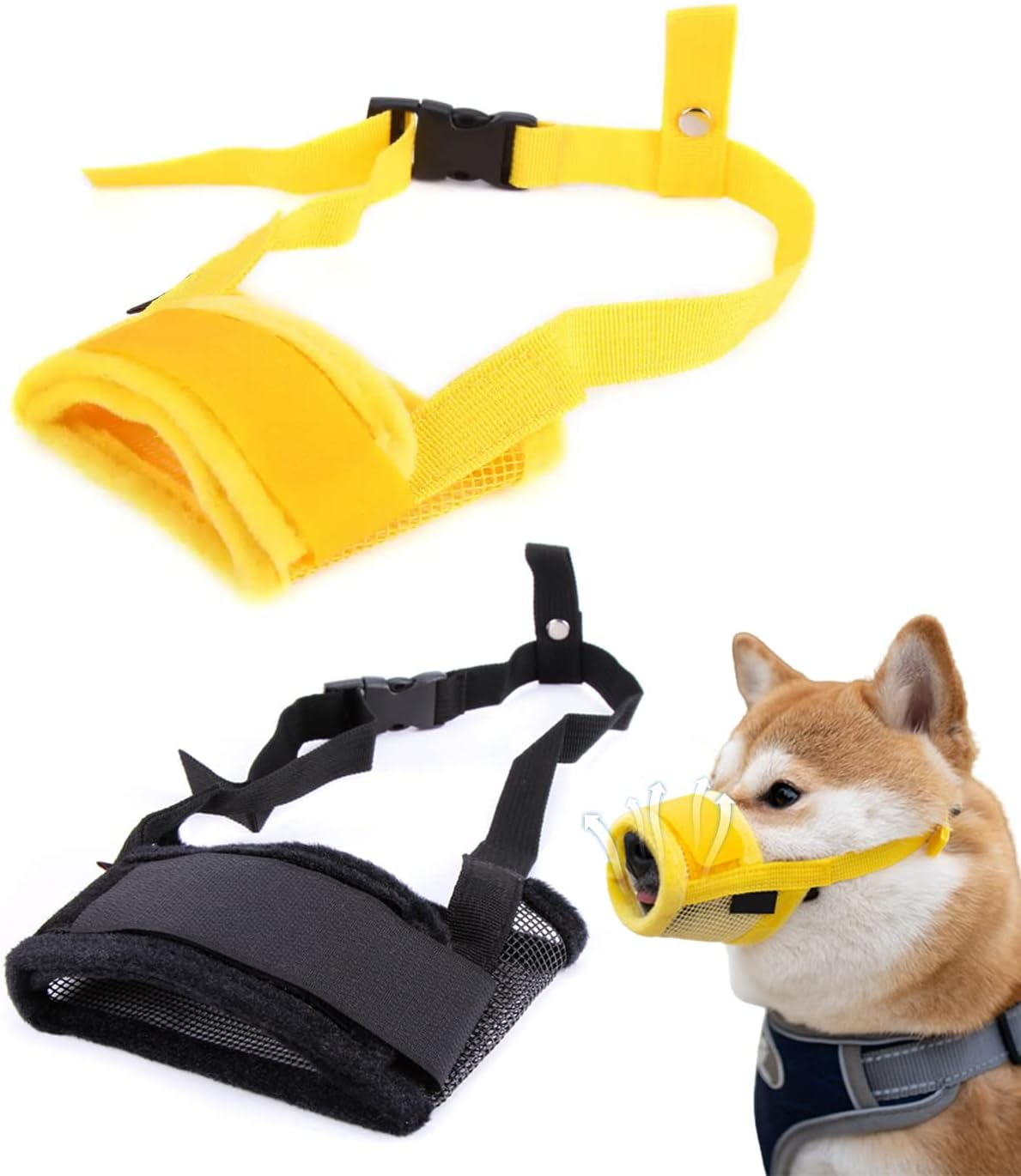 Pack of 2 Nylon Muzzles for Dogs, Breathable, Safe, Quick Fit for Small, Medium Dogs, Breathable Mesh, Prevents Biting, Chewing and Barking (L, Black Yellow) image number 3