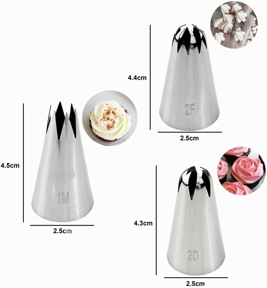 Piping Nozzle Tip, 6 Pcs Large Icing Piping Tips, 1M 2D 2F Cake Cupcake Decorating Tips Set, Seamless Swirl Piping Tips Cake Piping Nozzles Tips Kit, Star Drop Flower Rose Petal Frosting Tip image number 3