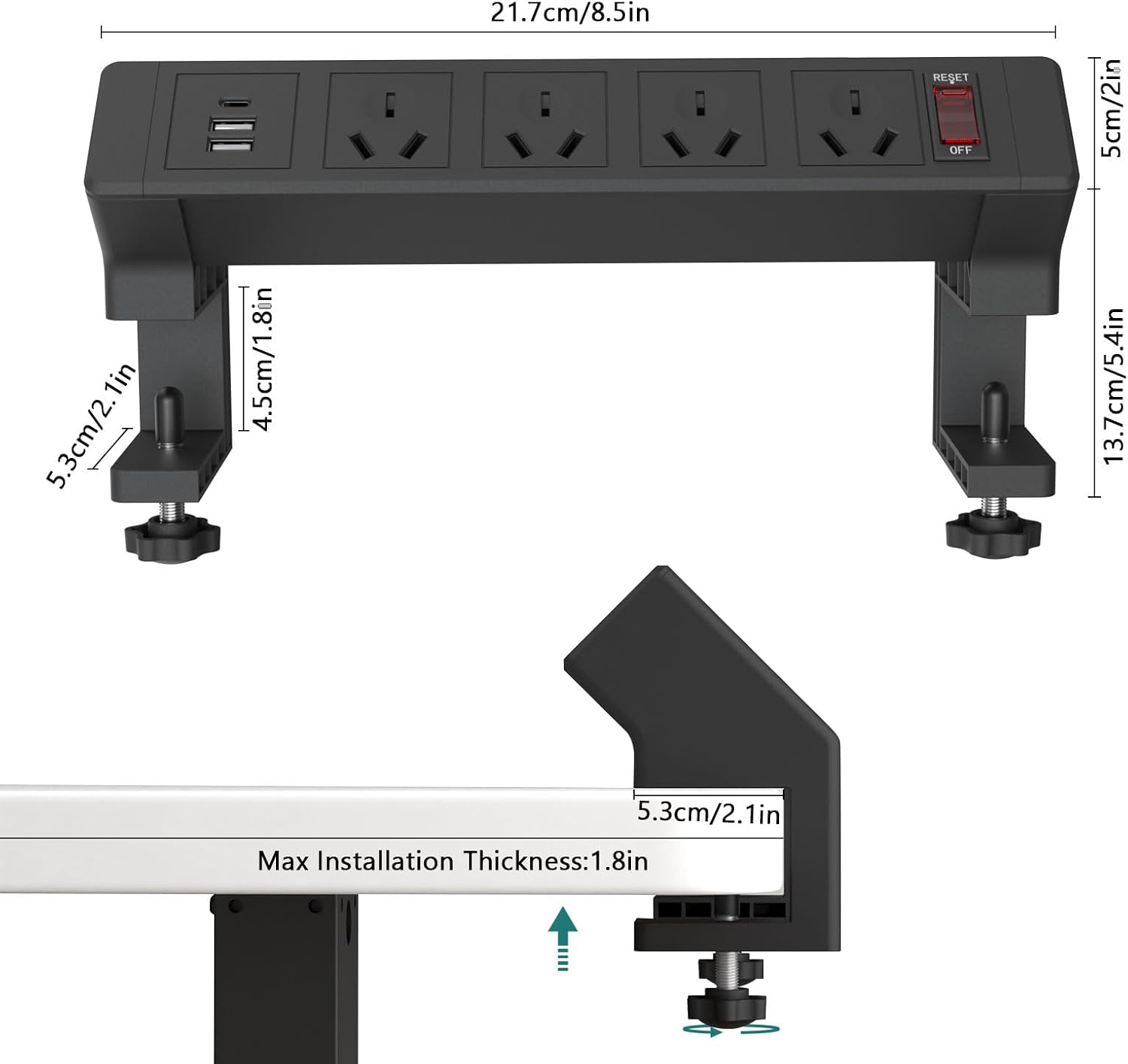 Desk Clamp Power Strip AU Plug, 4 AU Outlets, USB & Type-C Ports, Stable Dual-Clamp Desktop Edge Mount Computer Accessories for Desk Power Strip Clamp on Desk Shelf, Secure Desk Organizer, 1.8M Cable