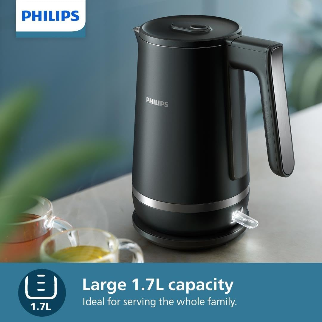 Philips Series 5000 Double Walled Kettle - Family-Sized 1.7L Capacity, Stainless Steel, Boil Dry Protection, Safe-To-Touch Exterior, Black (HD9395/90) image number 6