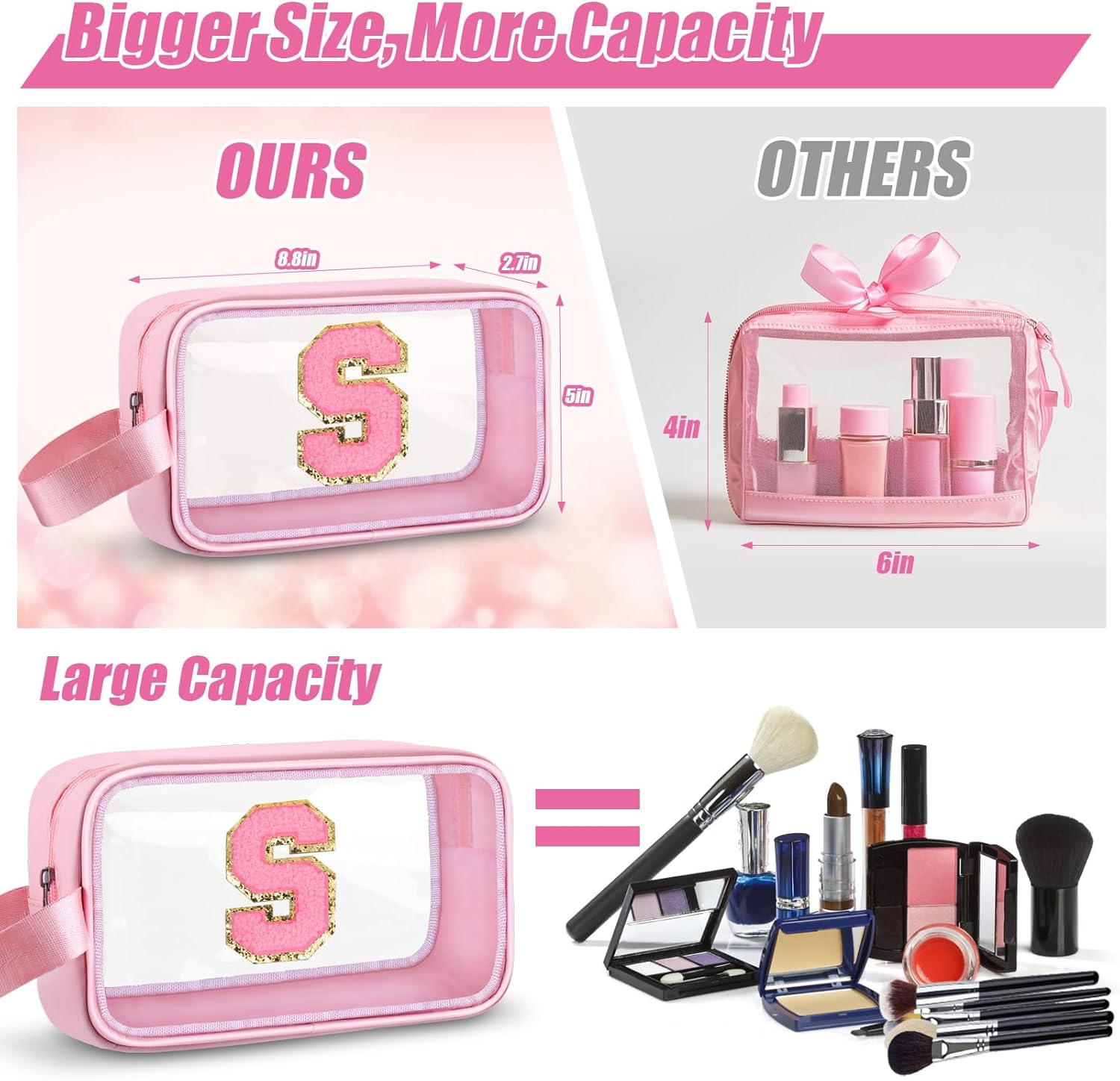 Vodolo Initial Makeup Bag,Letter Cute Clear Monogrammed Cosmetic Travel Bag for Womens Girls,Personalized Pink Aesthetic Traveling Make up Organizer Bag for Beach,Waterproof Toiletry Bag, Pink, S image number 6