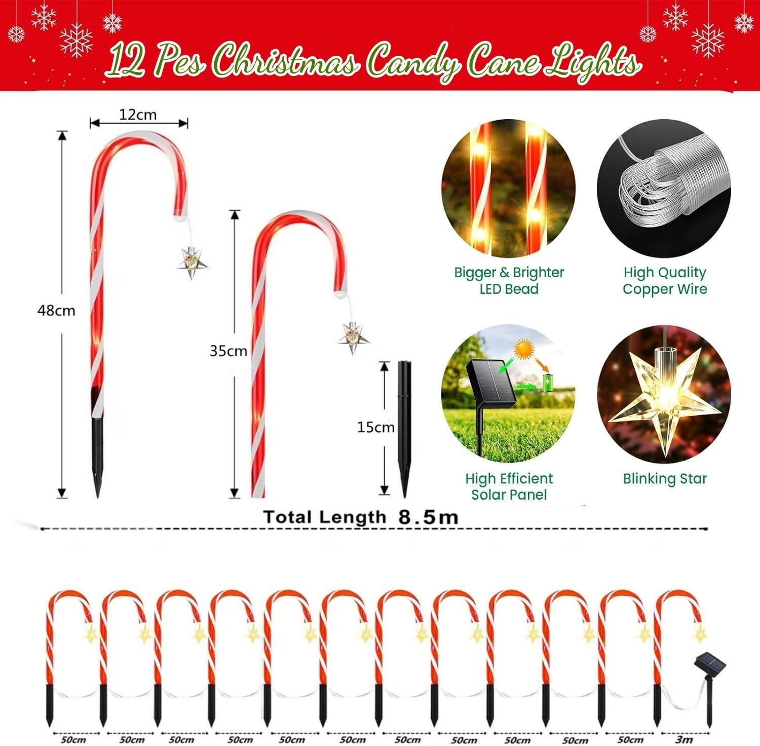YUTONG 12 Pack Christmas Decorations Outdoor Solar Candy Cane Lights, Upgraded Solar Pathway Markers Lights with Star,8Modes Outdoor Christmas Decorations for Walkway, Garden, Lawn, Yard (12) image number 6