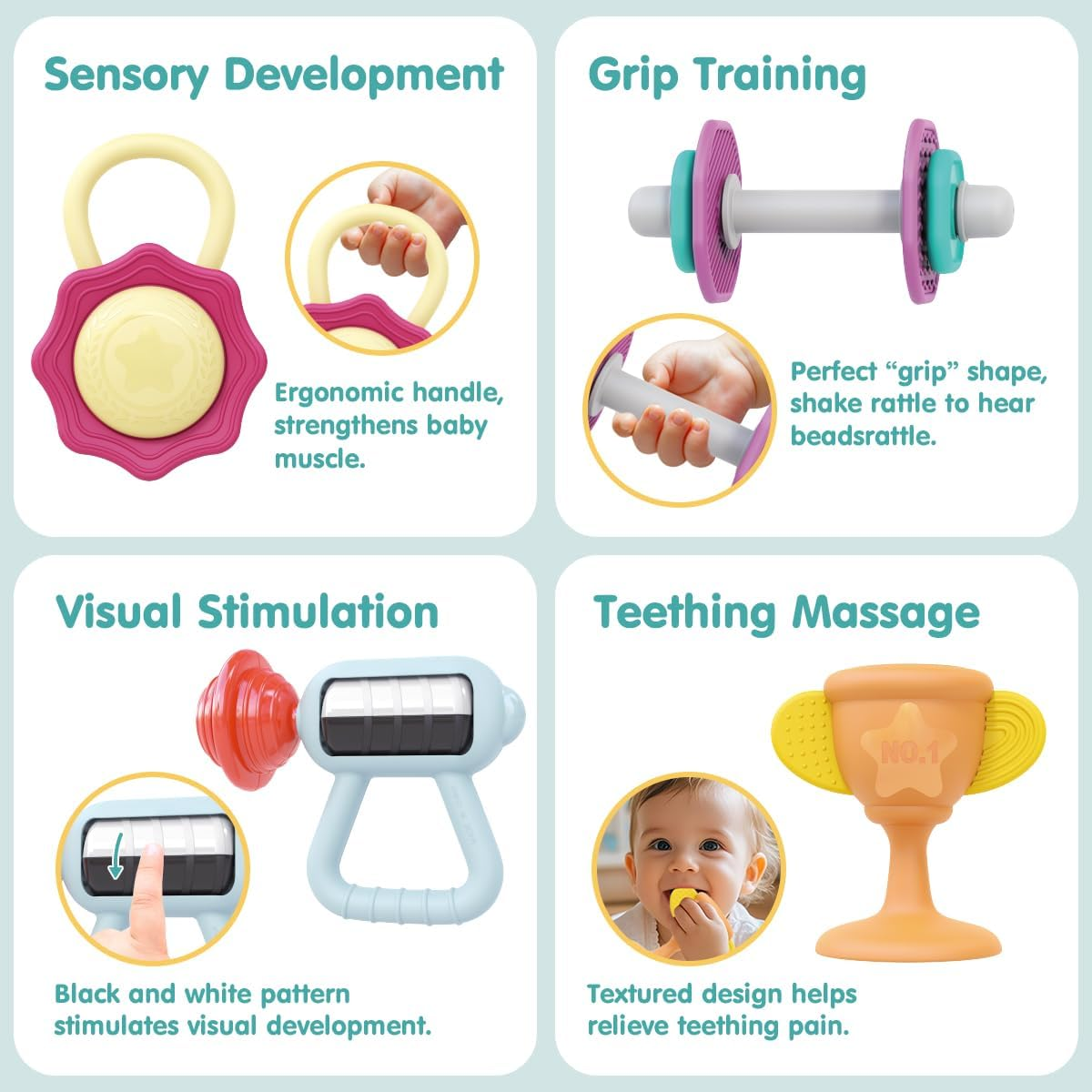 Kaekid Baby First Gym Rattle Set, Infant Dumbbell Weights Teething Rattles 3-6-12 Month, Babies Development Sensory Toys with Storage Box, Newborn Boys and Girls Birthday Gift image number 2