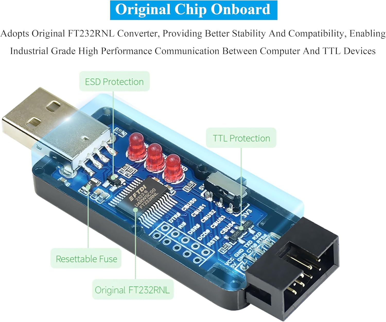 Industrial USB to TTL Converter Board, with Original FT232RNL Better Stability&Compatibility, Embed Resettable Fuse ESD/IO Protection Diodes Compatible with Mac Linux Android Wince Win7/8/8.1/10/11 image number 2