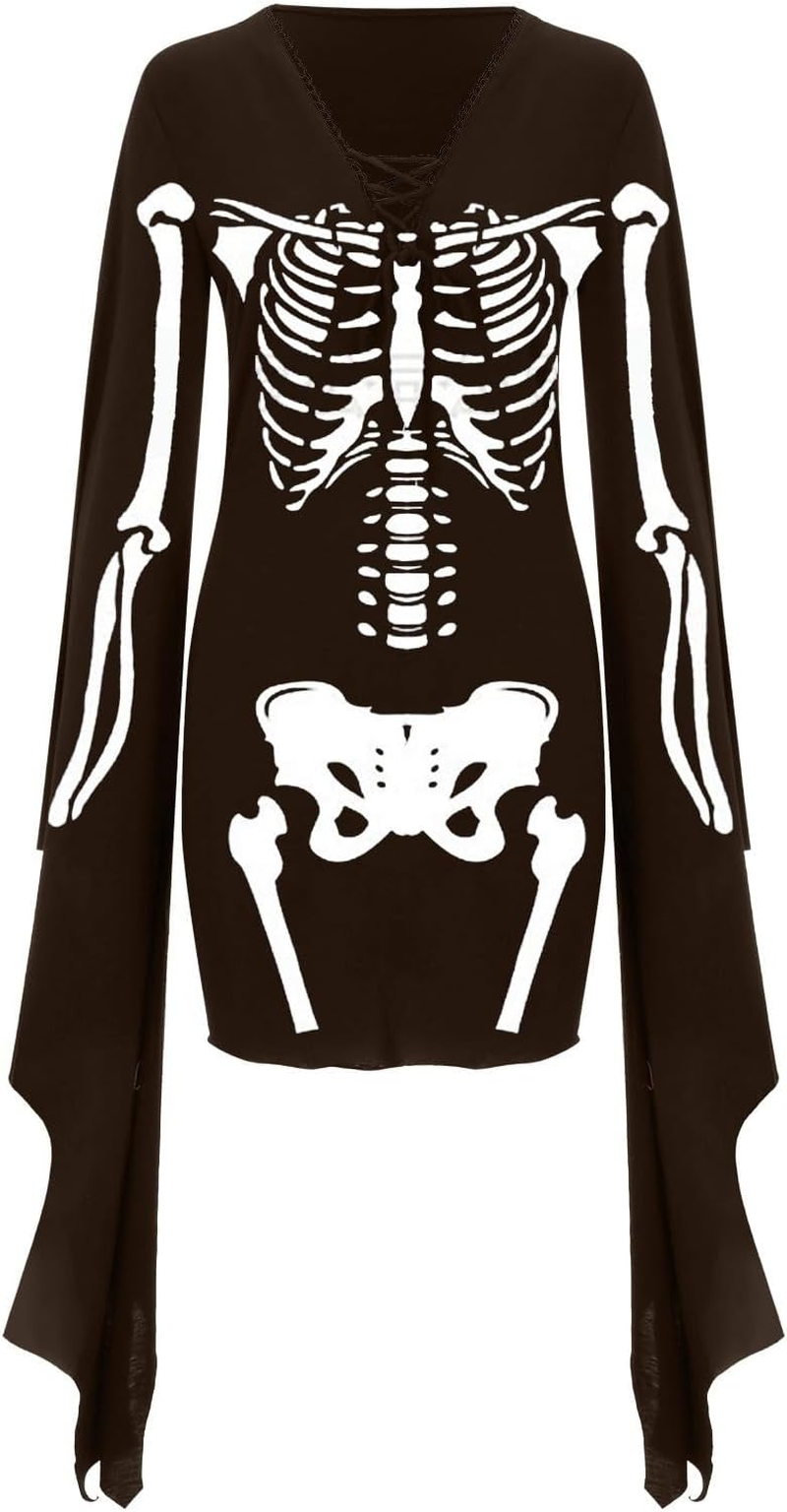 Halloween Dress for Women Steampunk Gothic Dress with Bat Sleeves Medieval Renaissance Costume for Party Cosplay image number 4