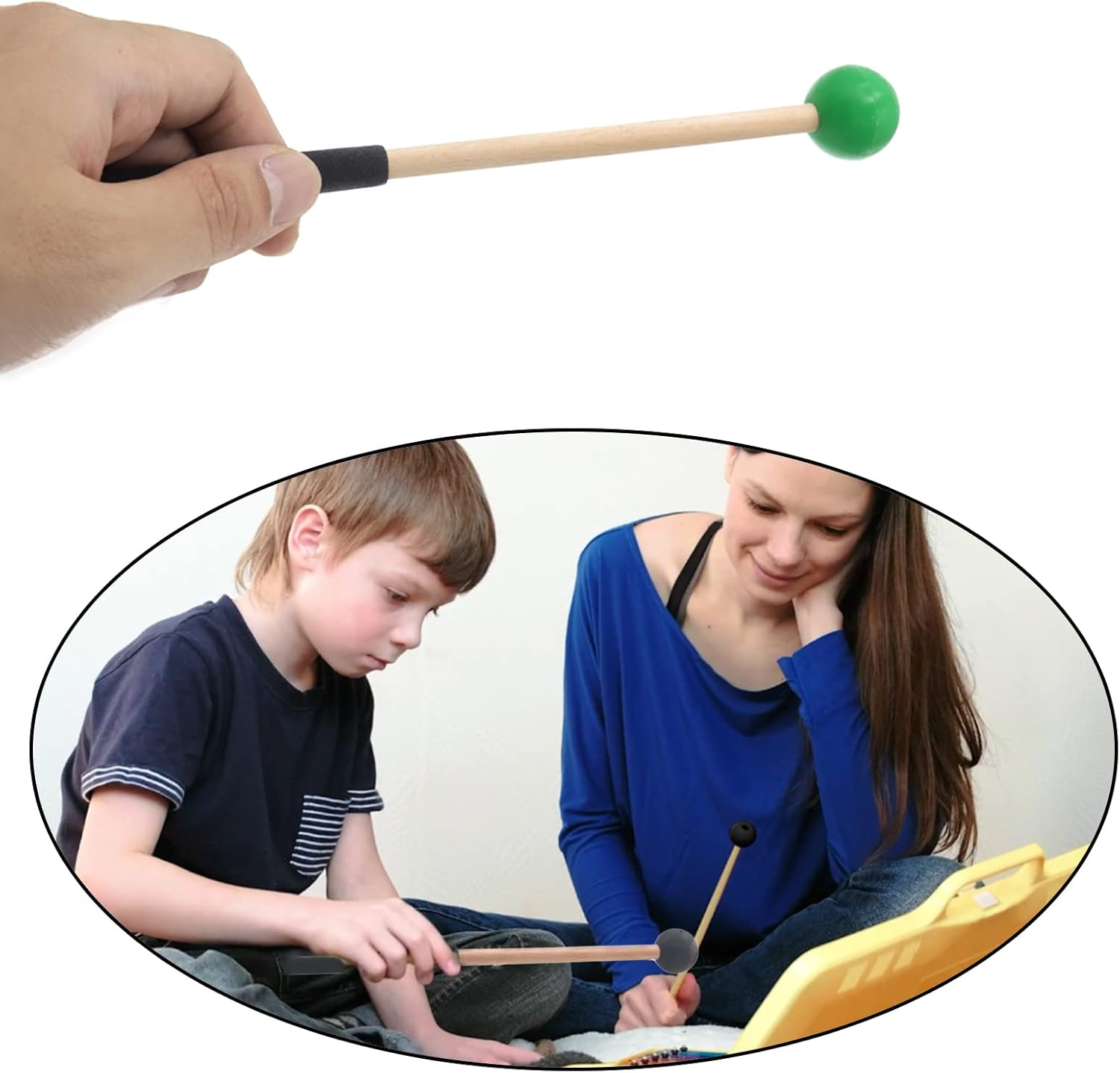 8 Inch Wood Percussion Mallets, 1 Pair Green Drum Sticks with Rubber Head and Handle for Xylophone Glockenspiel Marimba Woodblock Tongue Drum image number 1