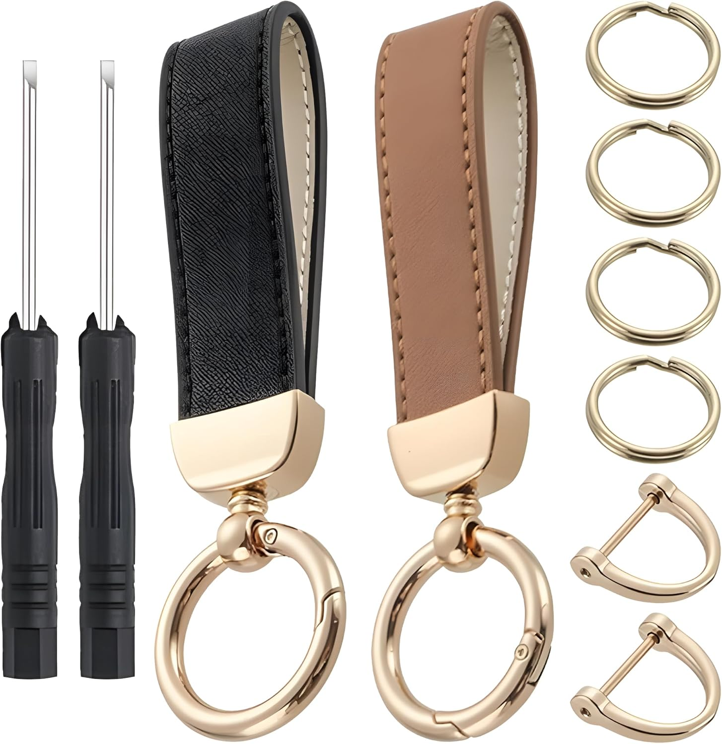 Premium Leather Keychain with Key Ring, Universal Car Key Holder for Men & Women, Genuine Leather Wristlet Key Fob Chain with Anti-Lost D-Ring, 4 Key Rings & 2 Mini Screwdriver