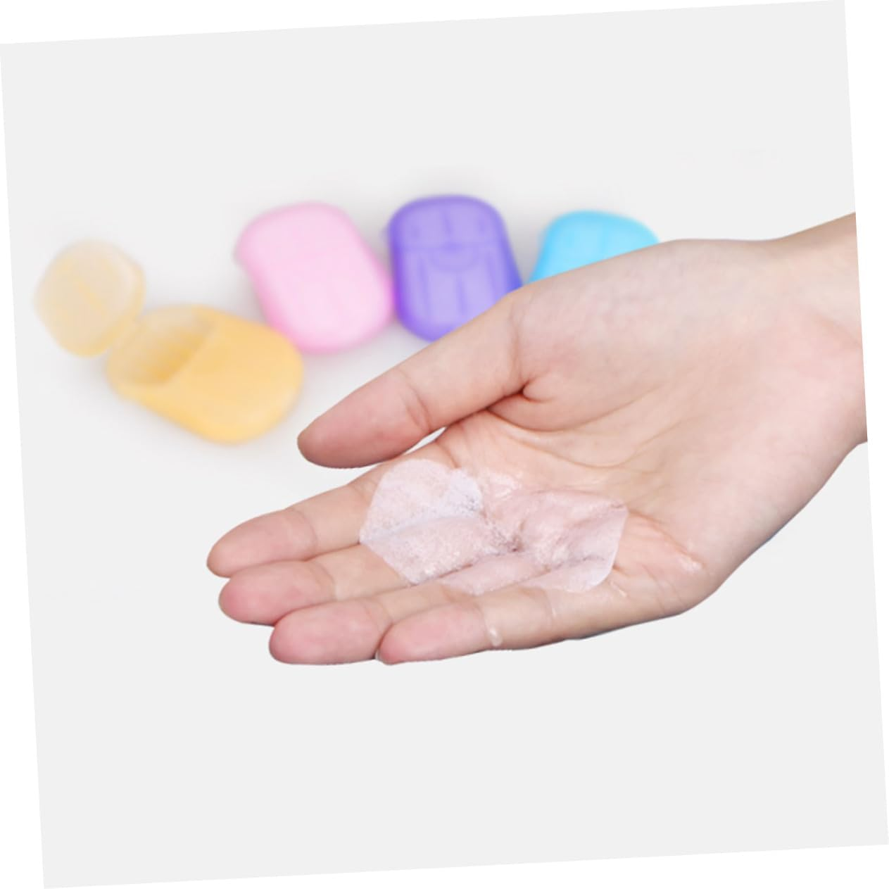 NAMOARLY 8Pcs Boxed Travel Soap Sheets Portable Hand Washing Tablets Paper Soap Flakes Safe for Face Hand Wash Compact Plastic Box for Outdoor Activities Color image number 1