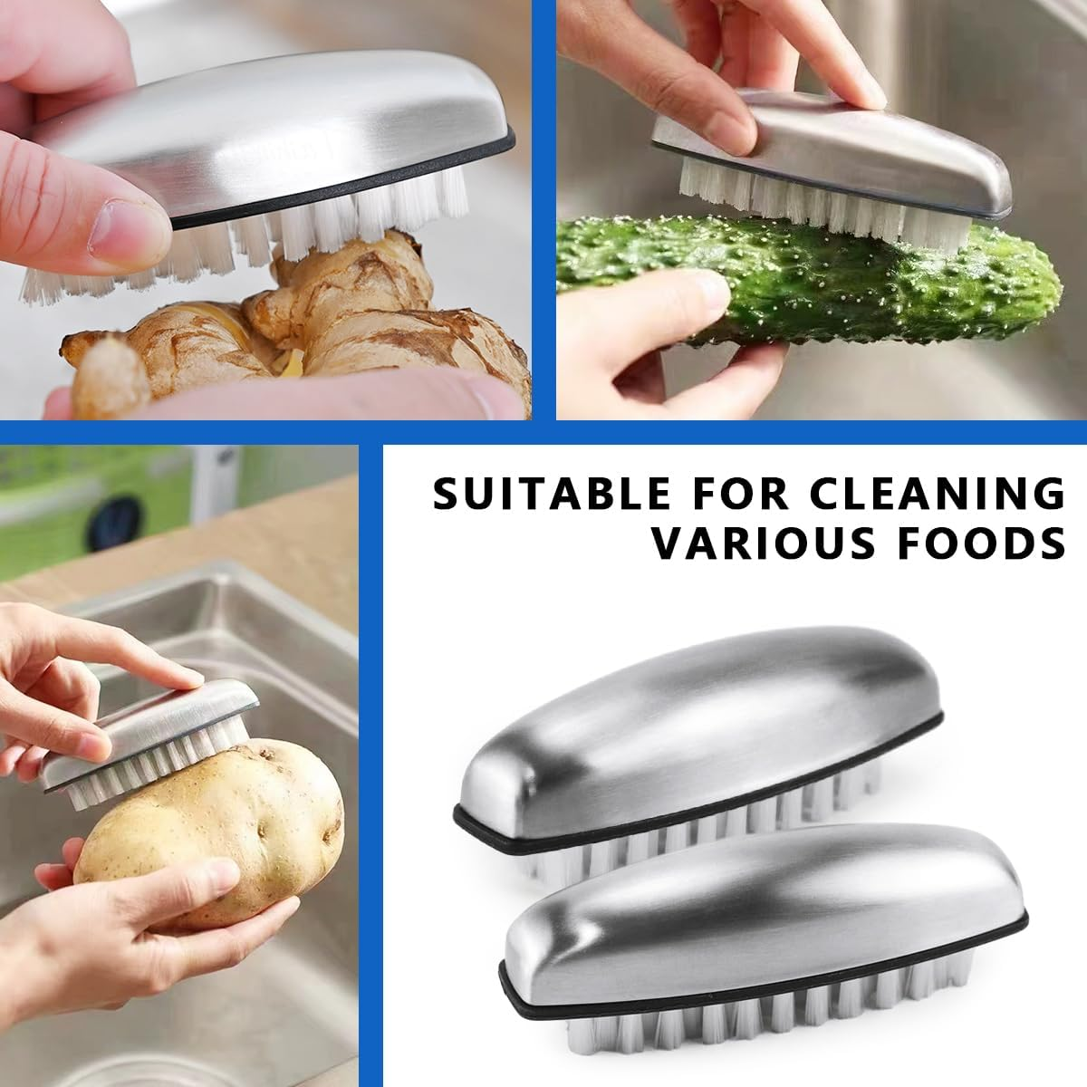 Set of 4 Hand Wash Brush, Stainless Steel Set, Hand Brush, Nail Brush, Hard, 2-In-1 Multifunctional Fingernail Brush, for Cleaning Nails, Hand Wash, Kitchen for Cleaning, Bathroom image number 5