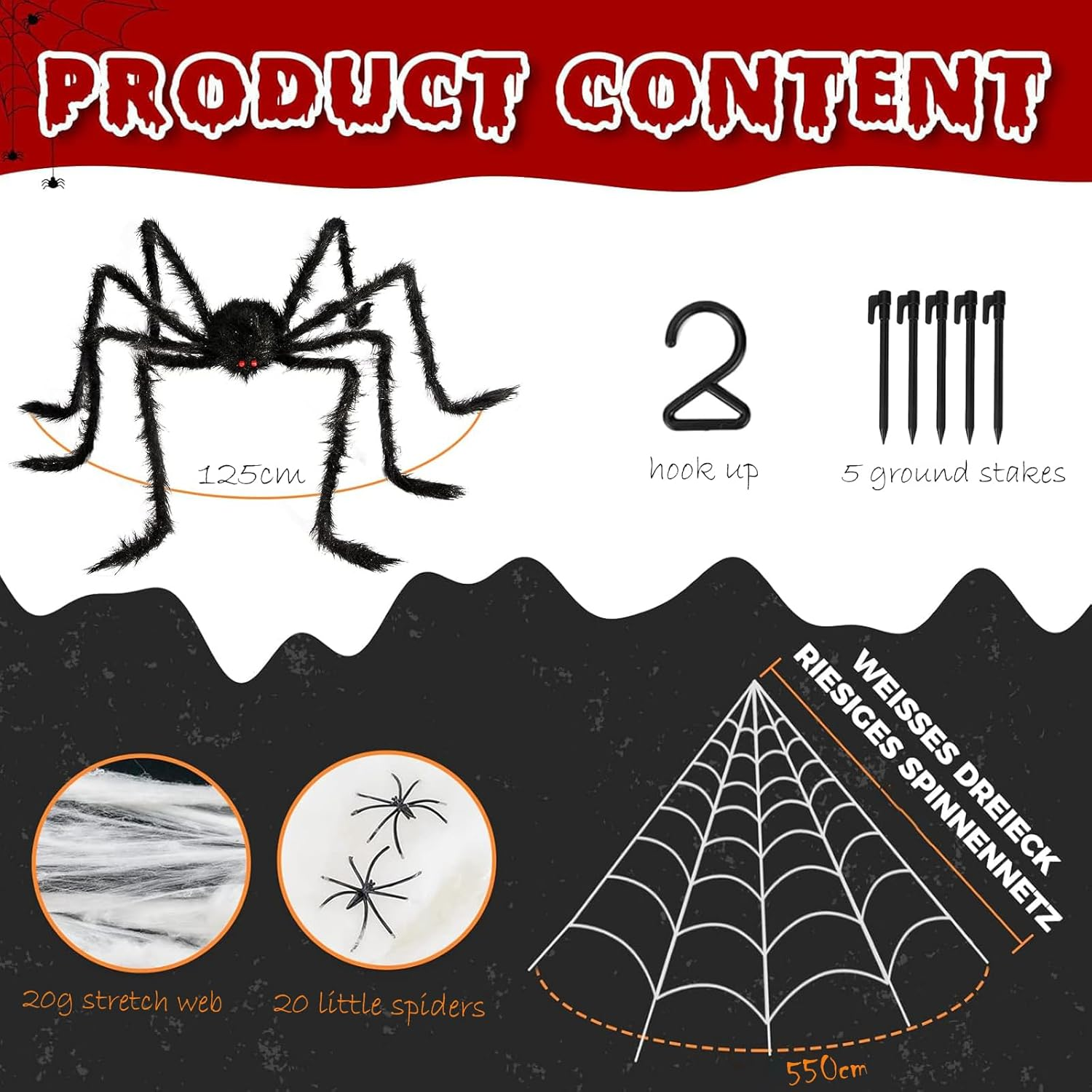 Halloween Decorations - 500Cm Spider Web Outdoor Decor + 125Cm Giant Spider + 20Pcs Small Spiders and Cotton for Indoor Outdoor Yard Lawn Parties Haunted House D&eacute;cor image number 4